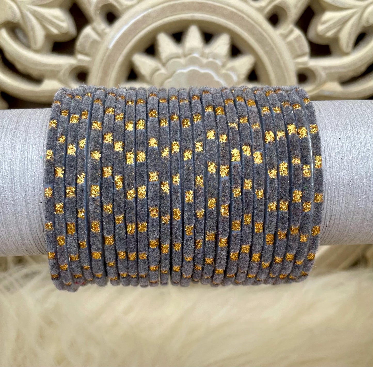 Grey Glass Bangles Set with Gold Dots – Indian Traditional Stack Bracelets for Women, Wedding Jewelry| 12 Choori
