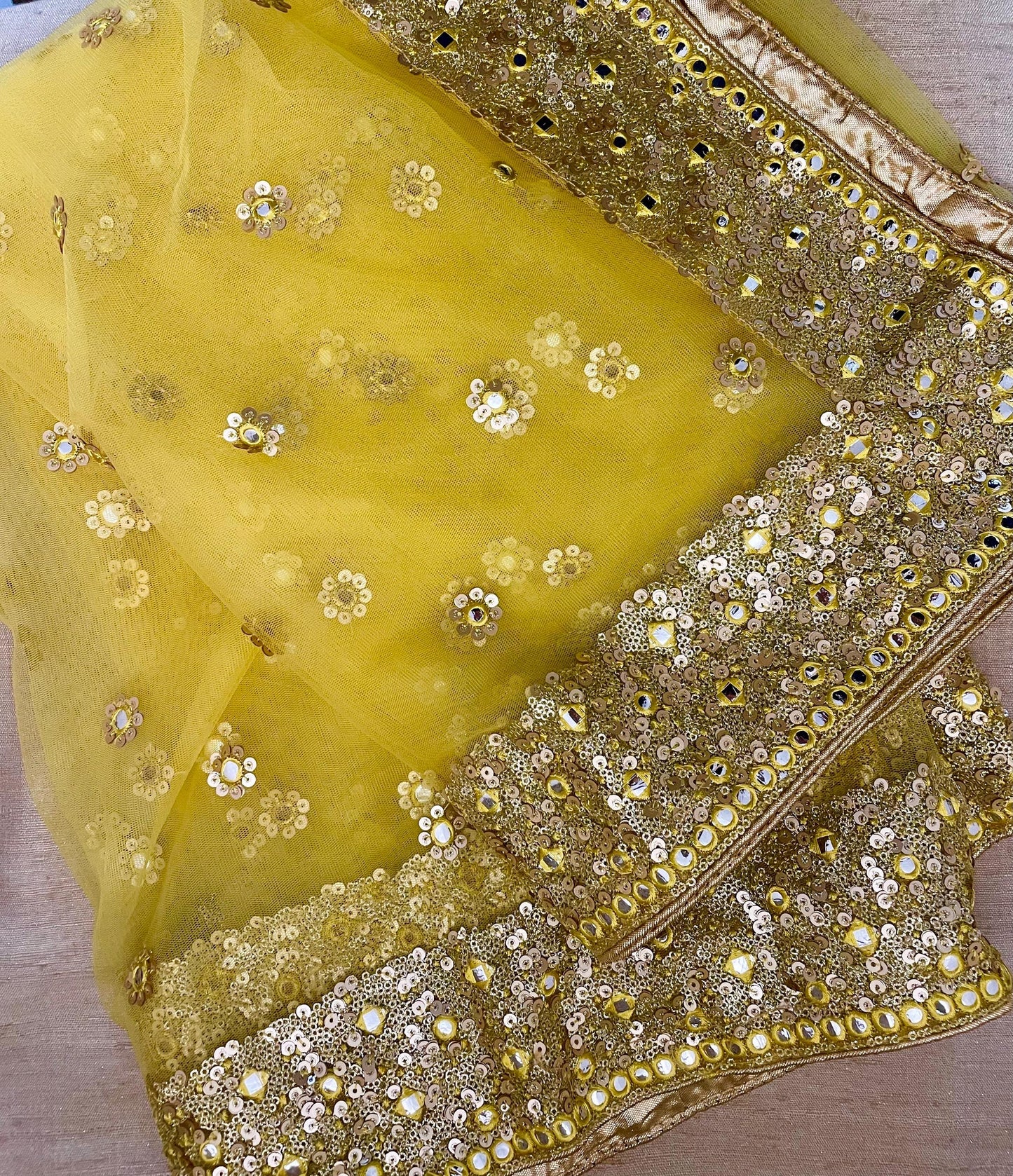 Yellow| Net Duppattas Broad Sequin cluster faux mirror work border Scarf Chunni Chunri Odhni Weddings Dressing
