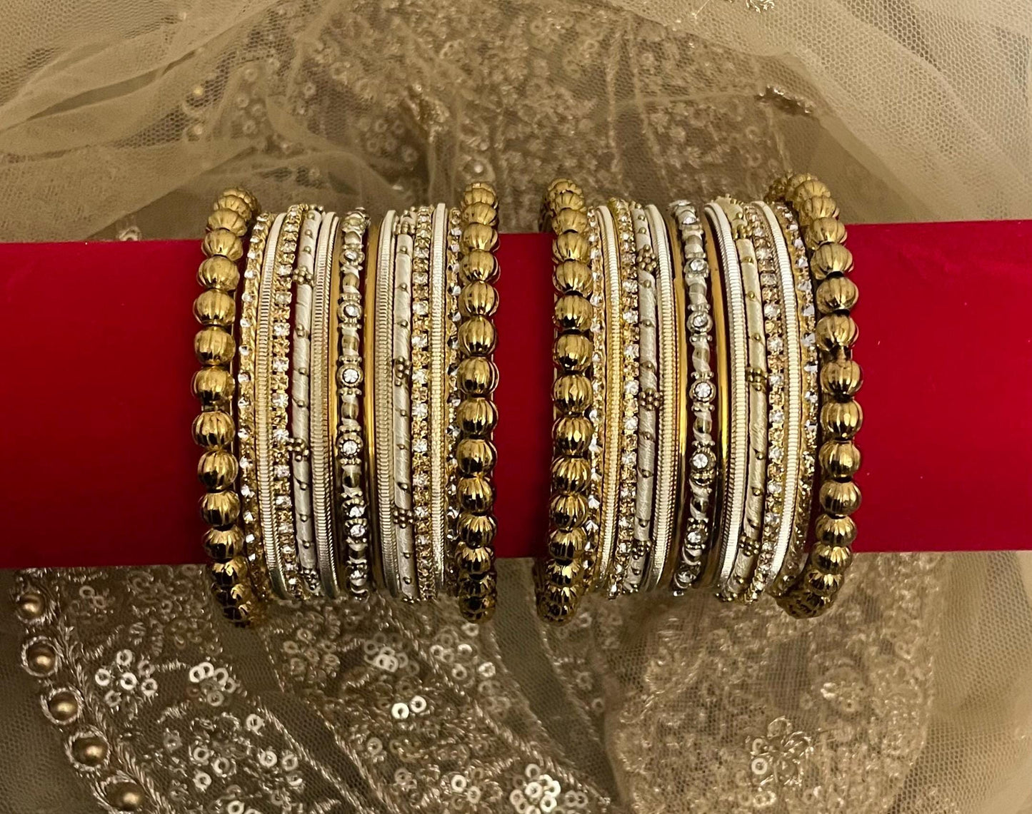 Gold n Ivory Bridal Bangle Set | Indian Wedding Chura Stack | Rhinestone & Beaded Bangles | Bride Jewelry | Festive Statement Wrist Stack