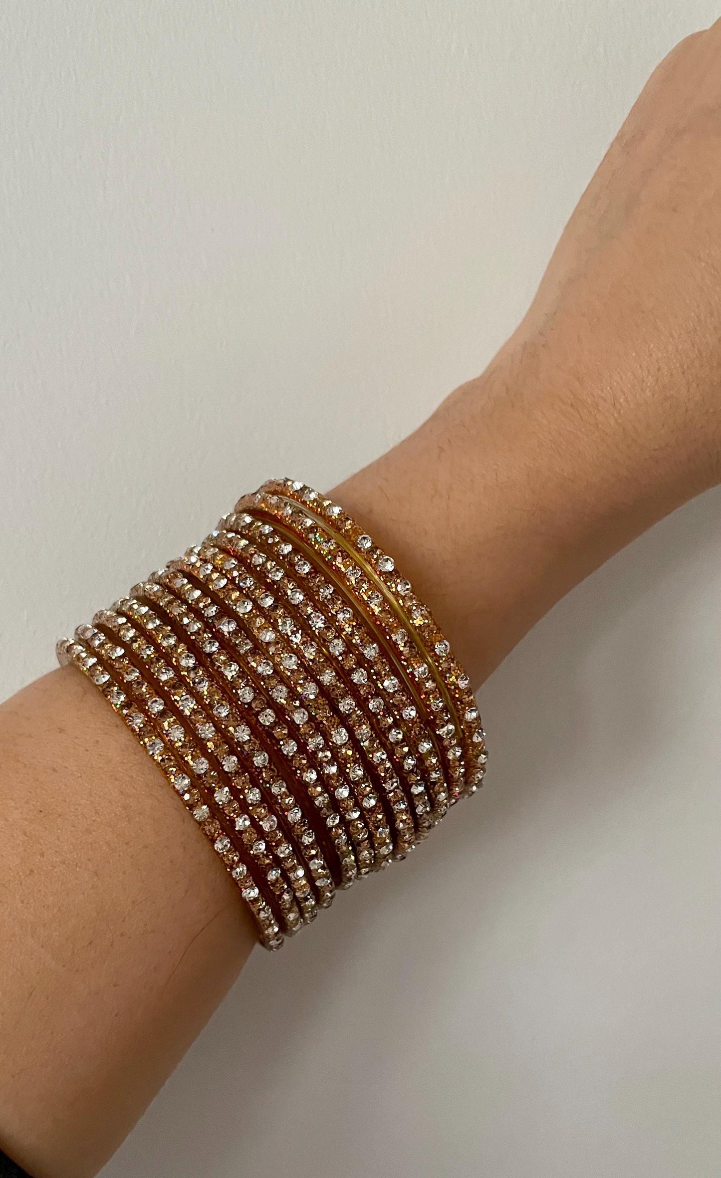 Golden and White Stones Glass Bangles with LCD stones| 12 Bangles