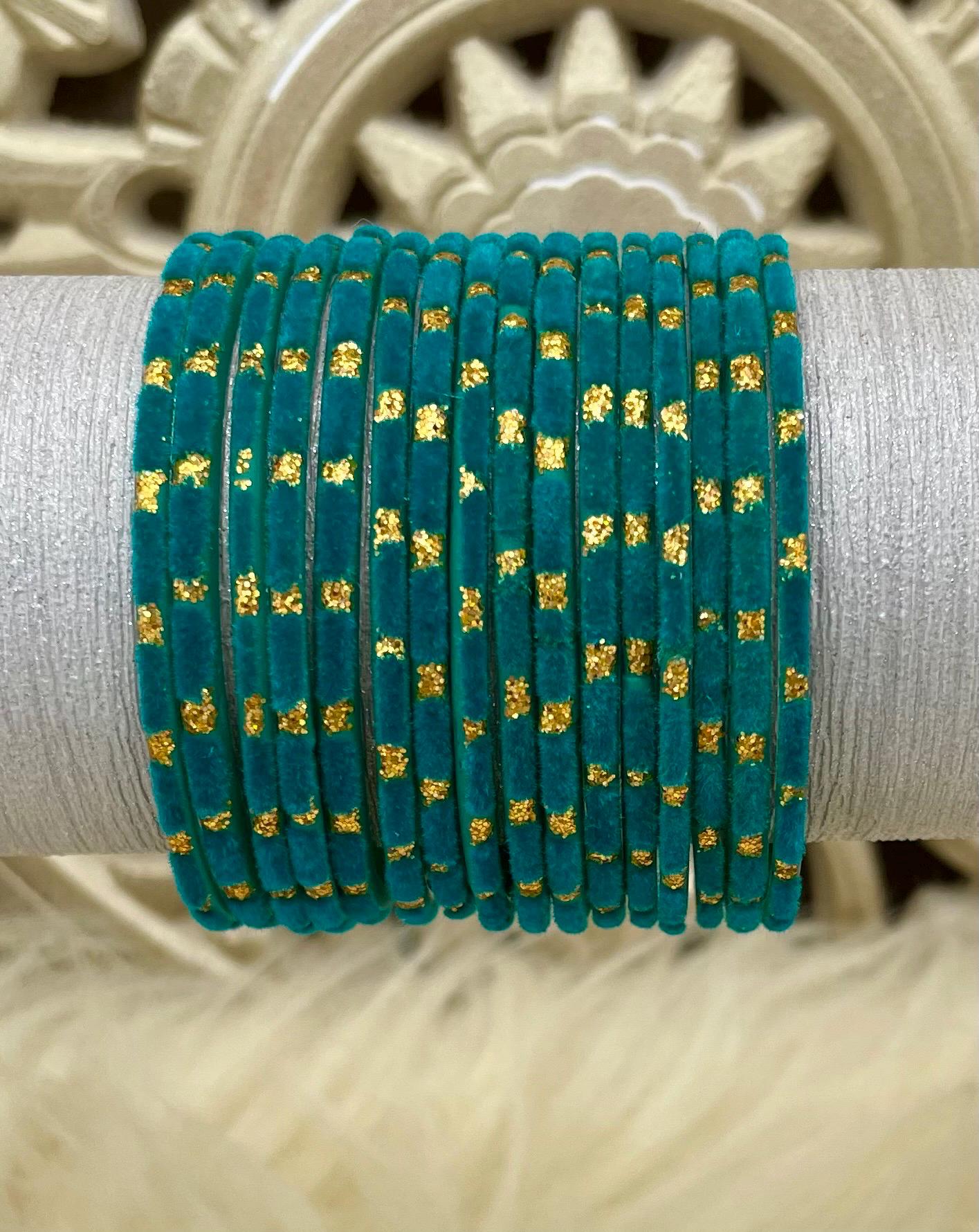 Peacock Green Teal Glass Bangles Set with Gold Dots – Indian Traditional Stack Bracelets for Women, Wedding Jewelry| 10 Bangles