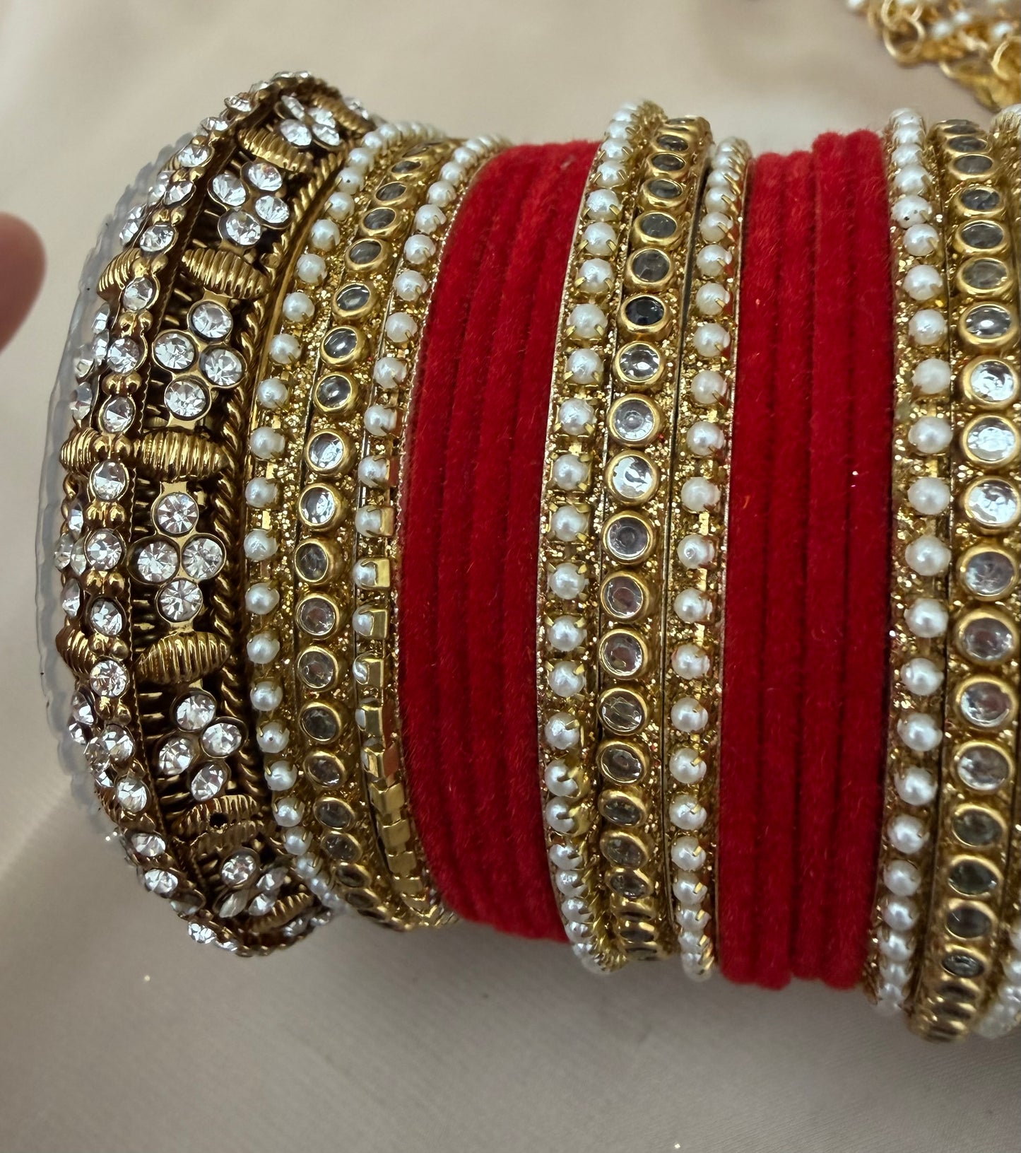Red Velvet Bridal Bangle Stack: Kundan Indian Jewelry| Pearls| Chooras | Set for both hands| Can be customised in other colours*