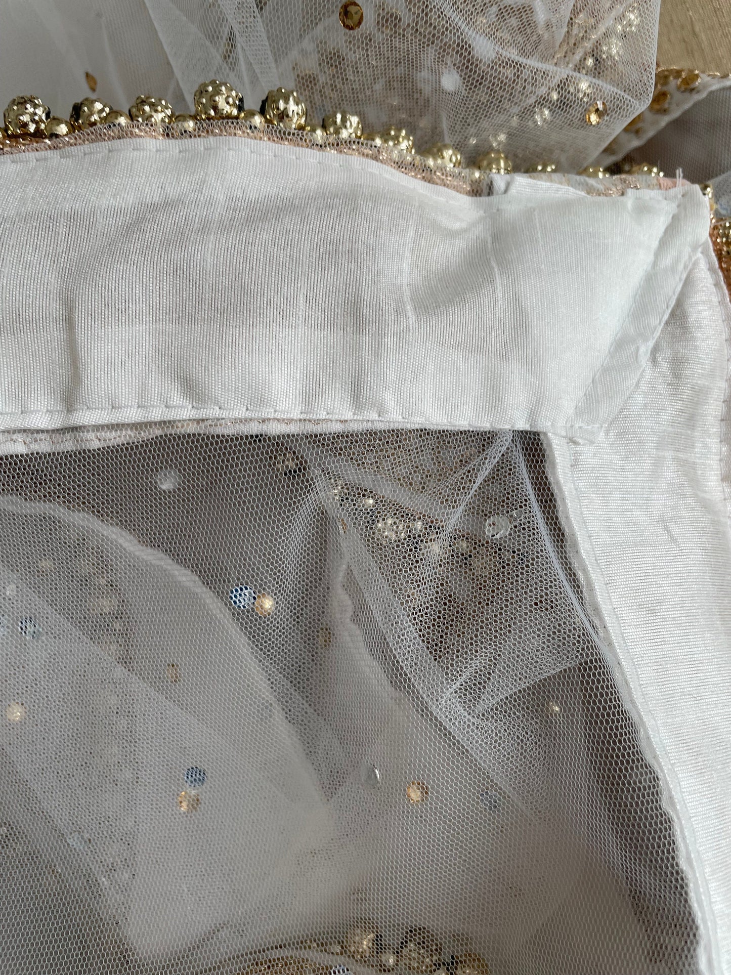 White Bridal Net Duppatta: Golden Bead Trim, Indian Wedding Scarf