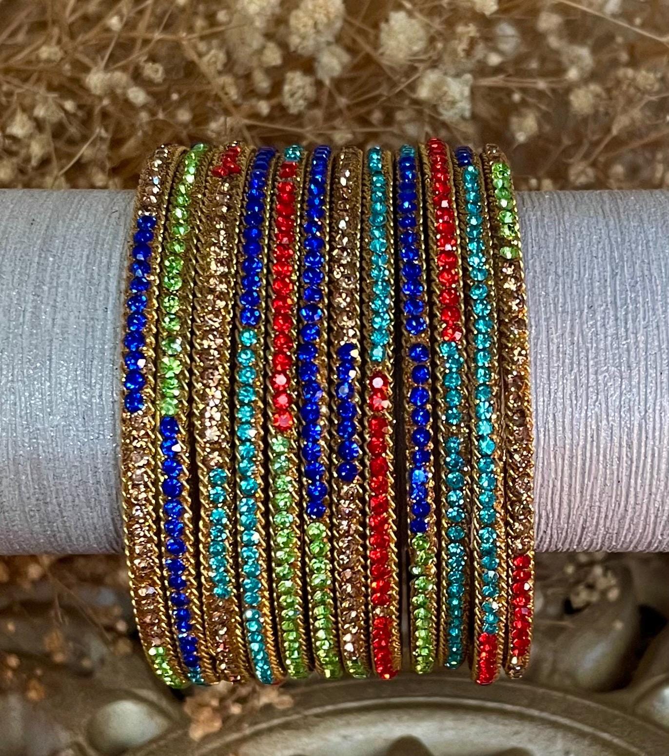 Glass Bangles encrusted with rhinestones and Golden chain on edges| Multi Coloured and Gold Stones | 12 Bangles
