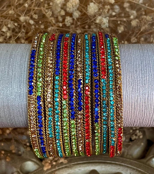 Glass Bangles encrusted with rhinestones and Golden chain on edges| Multi Coloured and Gold Stones | 12 Bangles