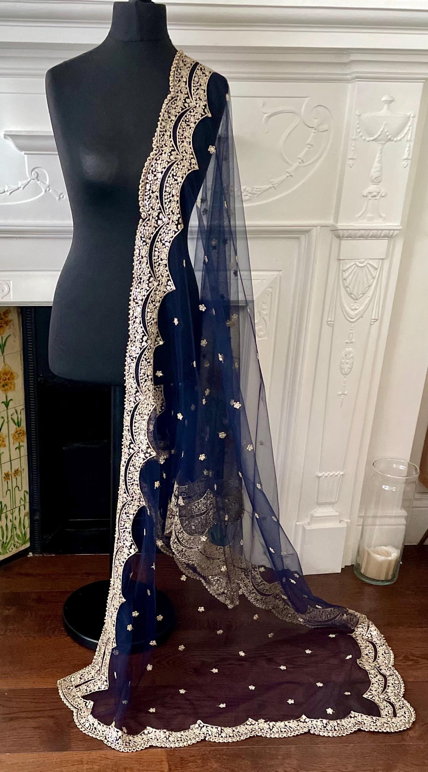 Navy - Blackish Blue| Net Duppattas scallop Sequin Golden beads border Scarf Chunni Chunri