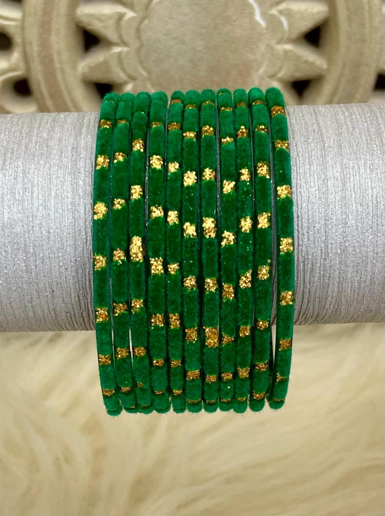 Green Glass Velvet Bangles Set with Gold Dots – Indian Traditional Stack Bracelets for Women, Wedding Jewelry| 10 Bangles