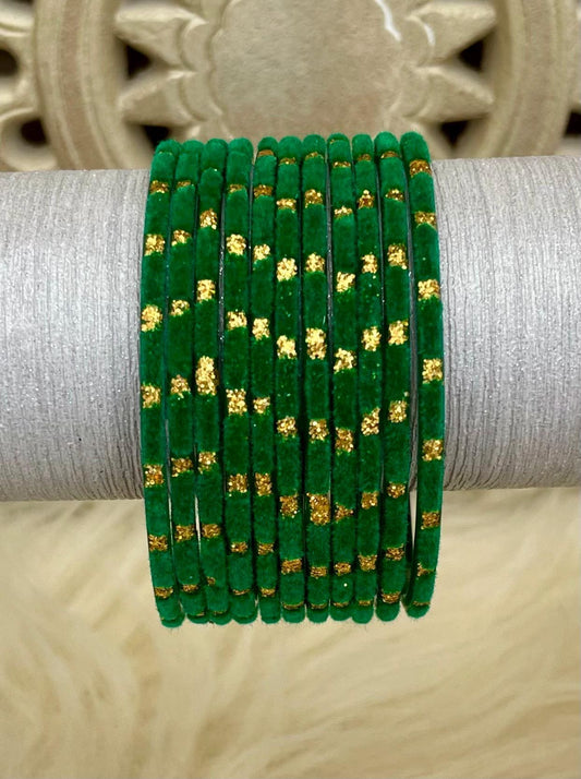 Green Glass Velvet Bangles Set with Gold Dots – Indian Traditional Stack Bracelets for Women, Wedding Jewelry| 10 Bangles