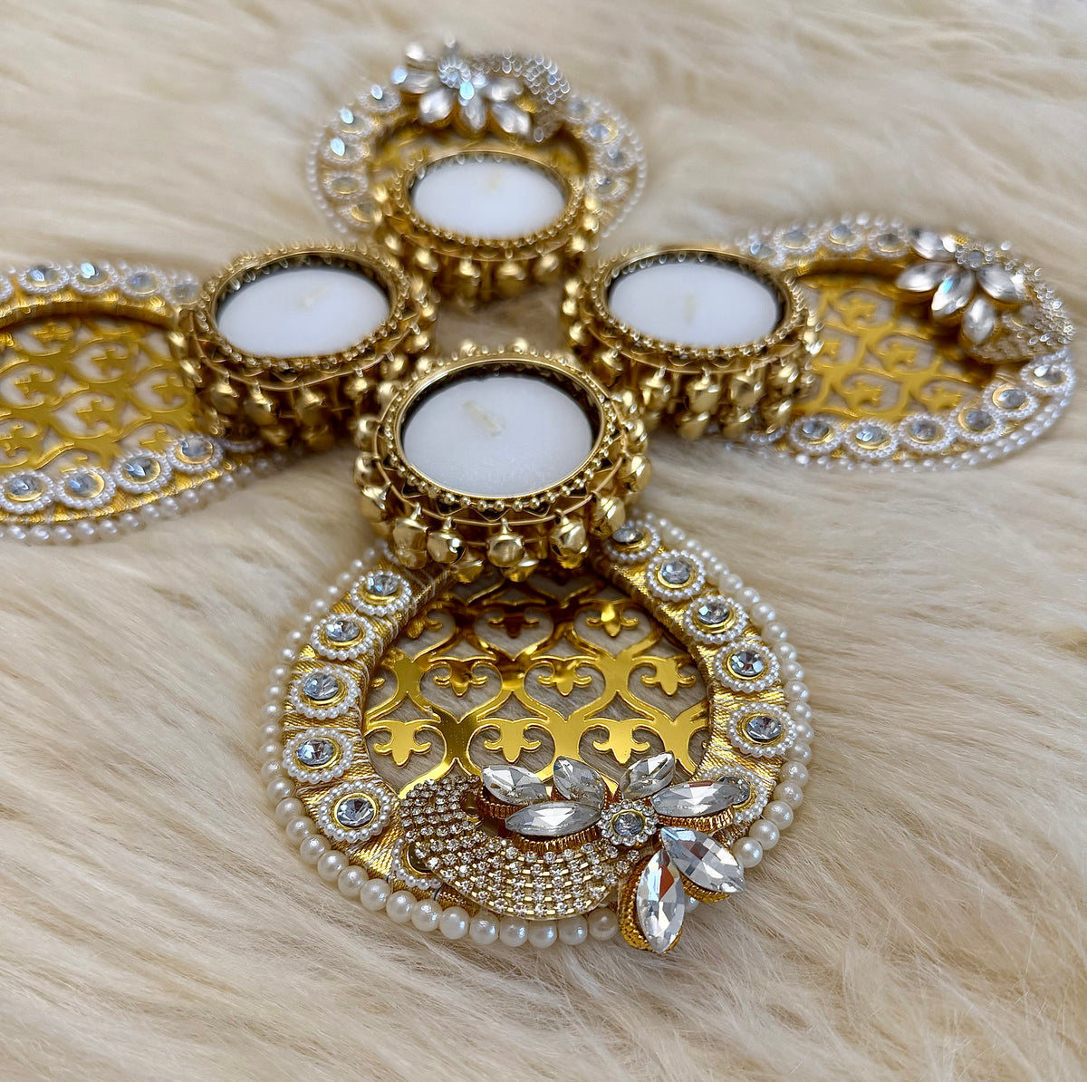 2x Pear Shaped Ghungroo Design Large Tea light Candle Holders Metal Mirrored and Diamantés Diyas | Diwali Decor | Navratri | Thaal Decoration