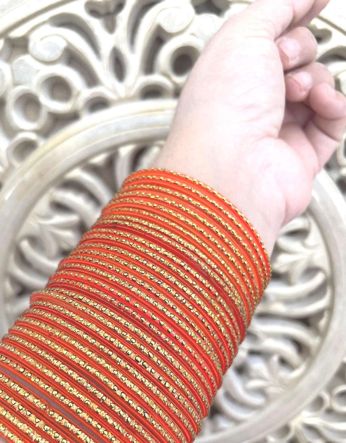 12 Glass Glitter Bangles- Orange/Santra