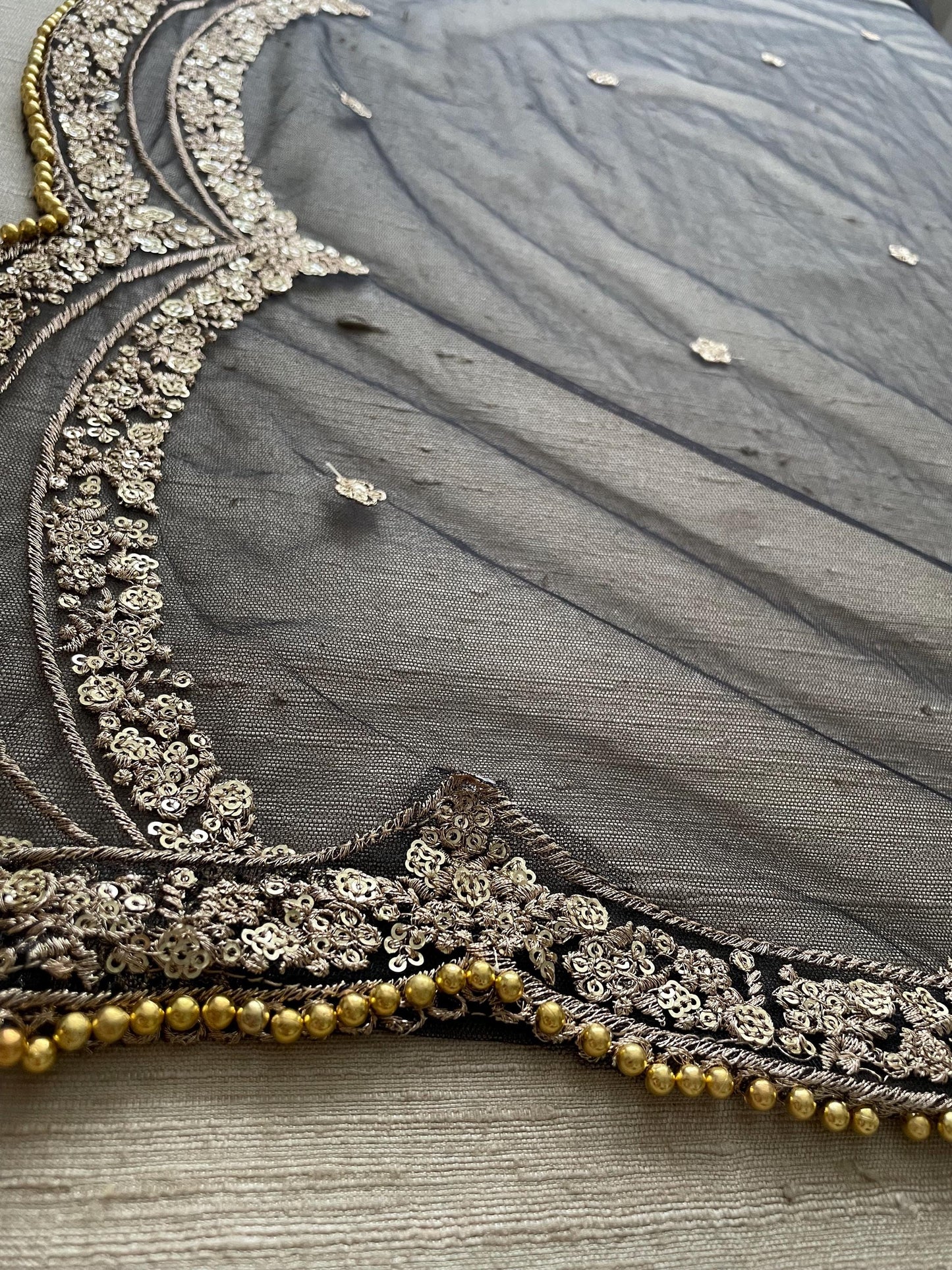 Black Net Dupatta: Scalloped Sequin Border, Golden Beads
