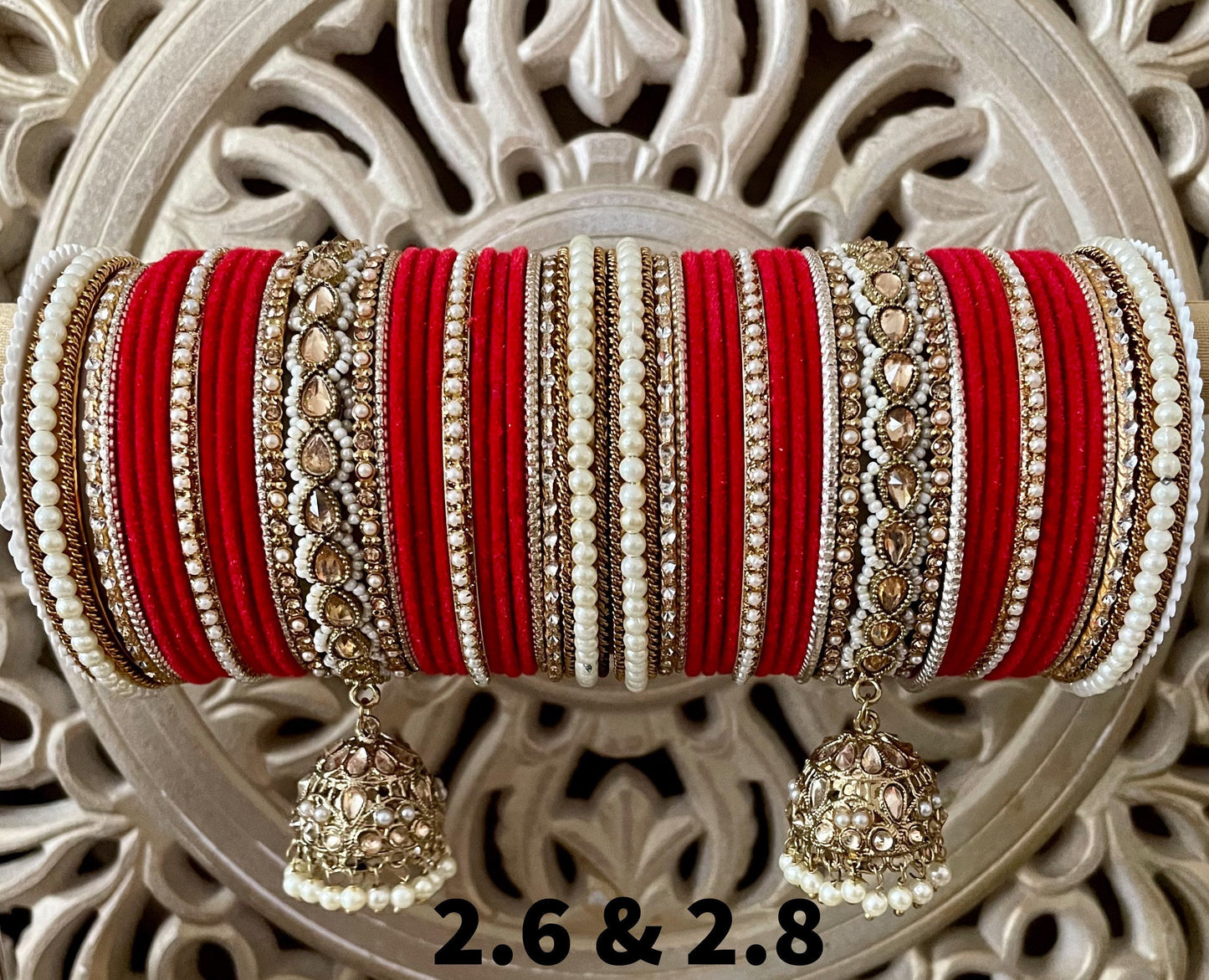 Red Velvet Bangle Stack: Pearl Kundan Jhumki Kangan, Indian Bridal Jewelry (Set of 50)