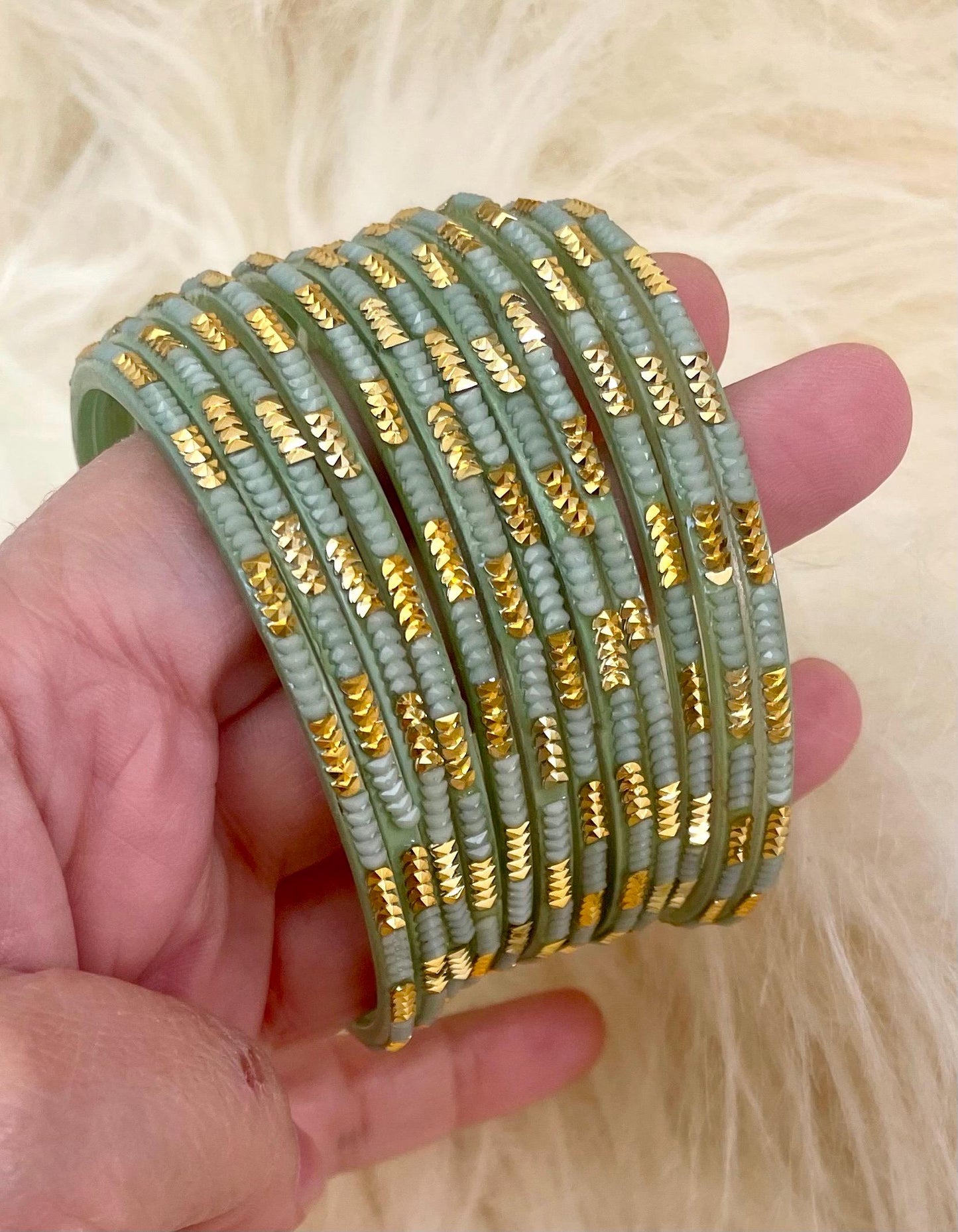 Gray Green Soofiya Angoor Coloured Glass Bangles with embellishments | 12 Bangles