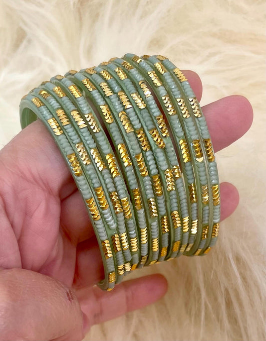 Gray Green Soofiya Angoor Coloured Glass Bangles with embellishments | 12 Bangles