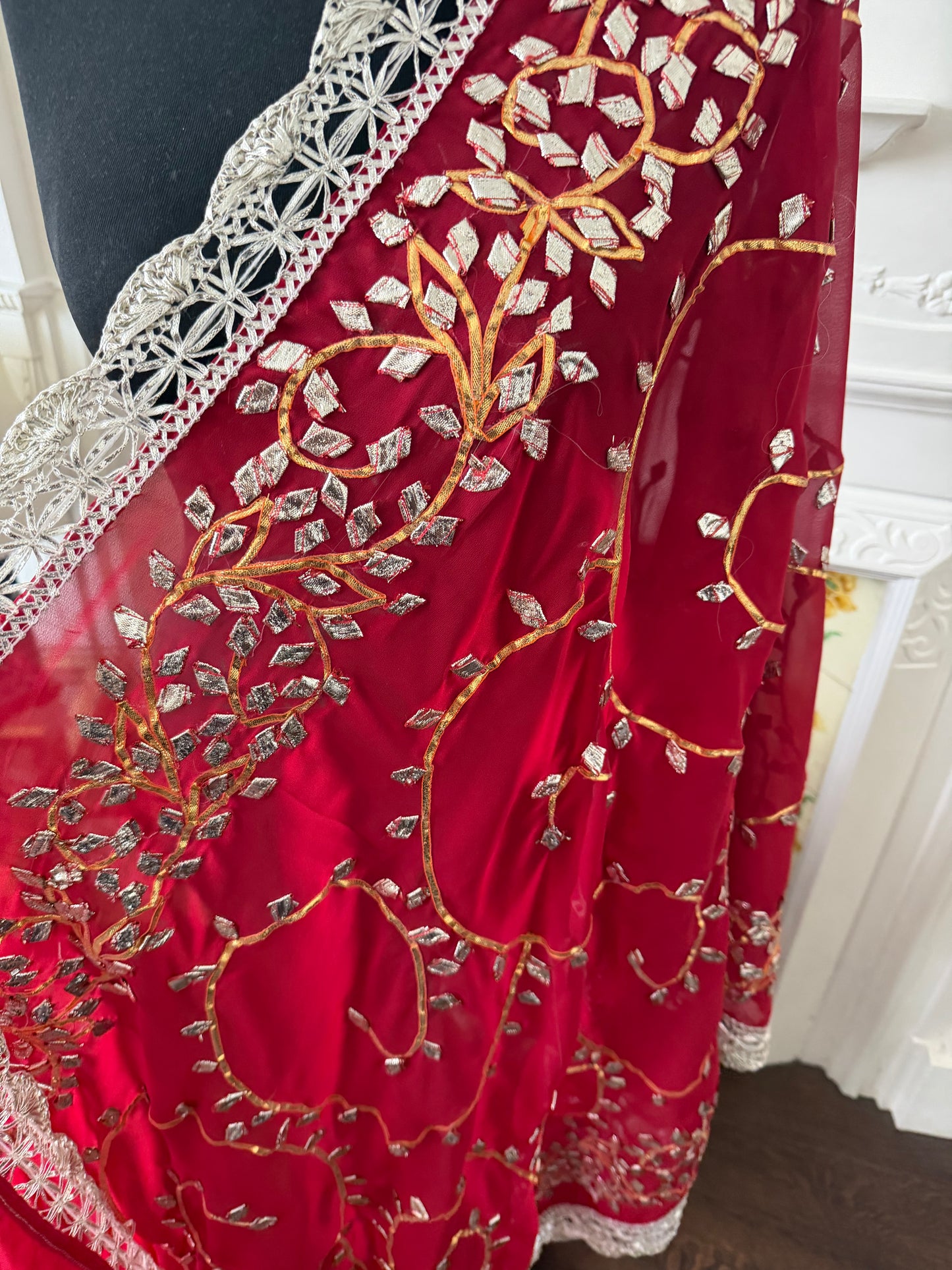 Dark-Red Silver Georgette Dupattas Heavy gota work border Scarf Chunni Chunri Odhni| Clearance