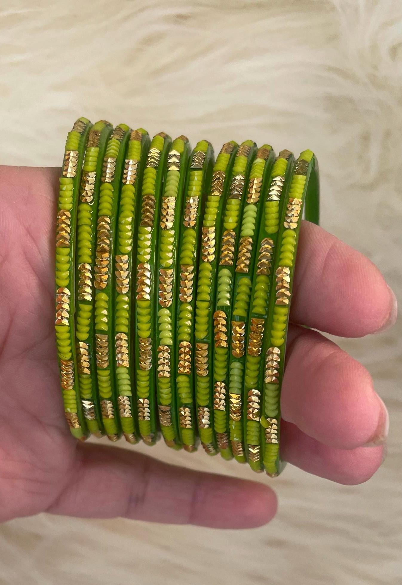 Light Green Tota Coloured Glass Bangles with embellishments | 12 Bangles