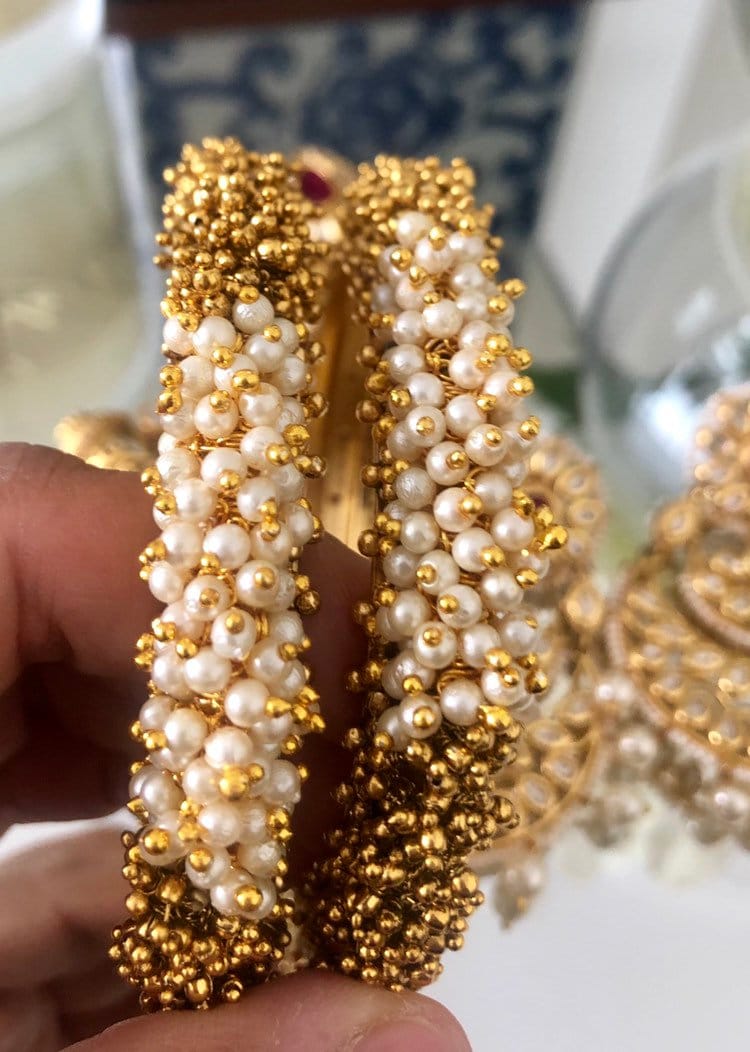 Pair of Gold and Pearl Statement Kangan Karas Indian Bangles Handwoven Gajra Bangles