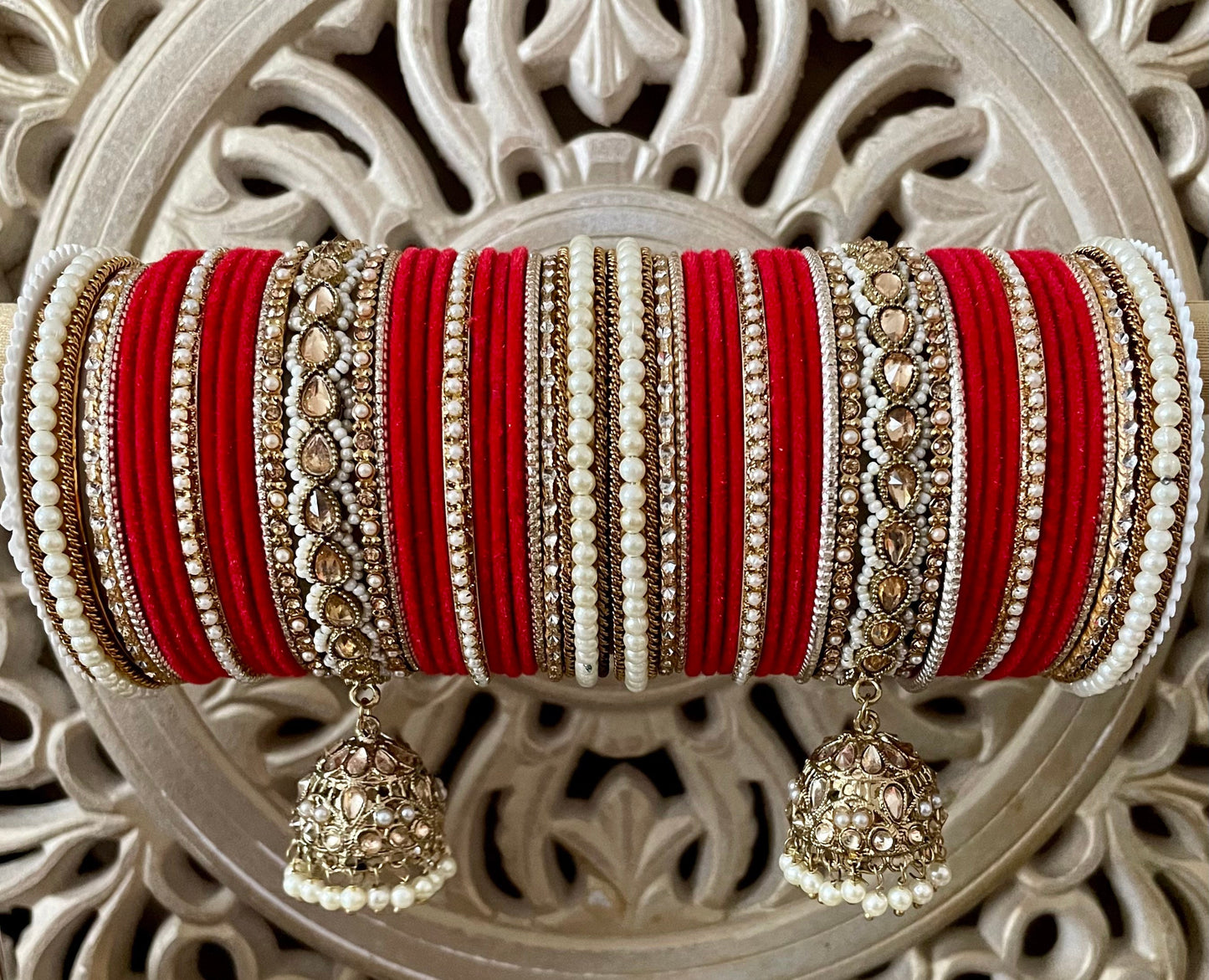 Red Velvet Bangle Stack: Pearl Kundan Jhumki Kangan, Indian Bridal Jewelry (Set of 50)