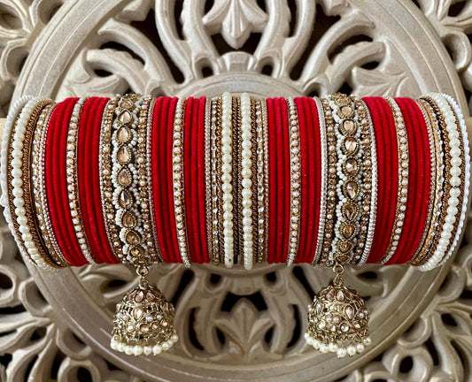 Red Velvet Bangle Stack: Pearl Kundan Jhumki Kangan, Indian Bridal Jewelry (Set of 50)