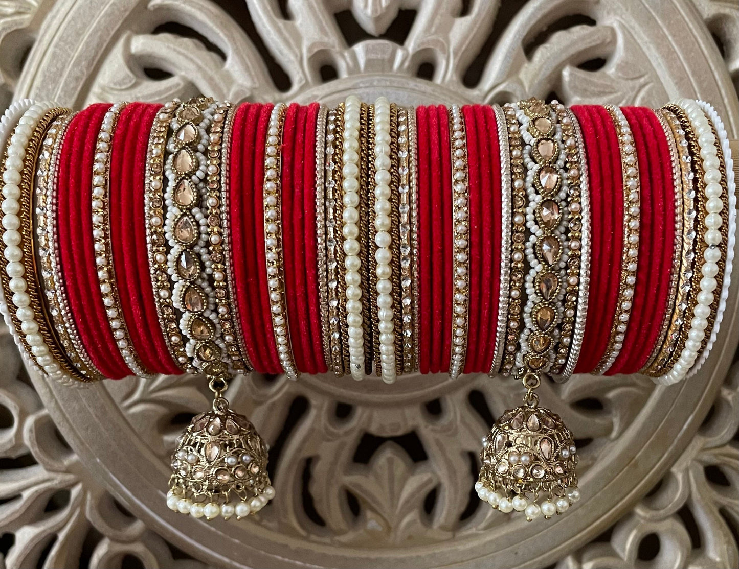 Red Velvet Bangle Stack: Pearl Kundan Jhumki Kangan, Indian Bridal Jewelry (Set of 50)