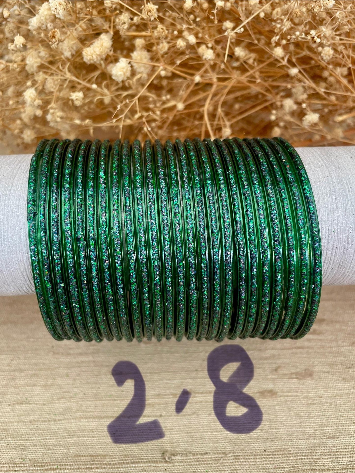 Glass Bangles- Green Dark Kai Colour Pack of 12 Glitter
