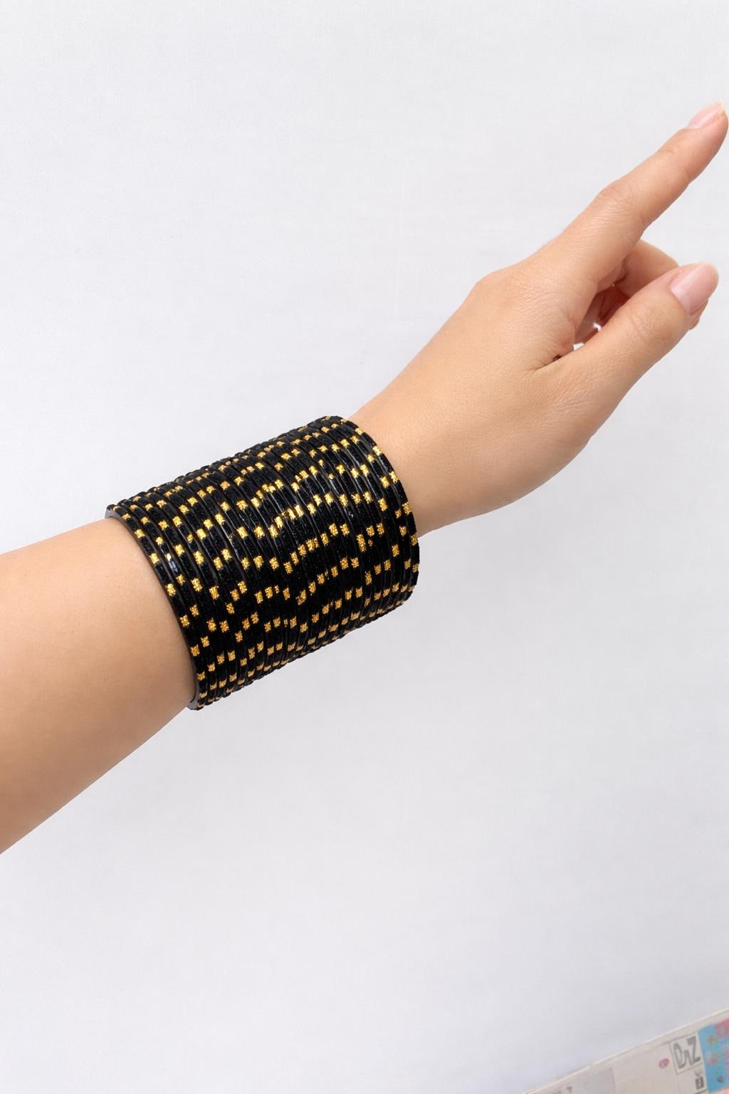 Black Glass Bangles Set with Gold Dots – Indian Traditional Stack Bracelets for Women, Wedding Jewelry| Hand-crafted| 10 Bangles