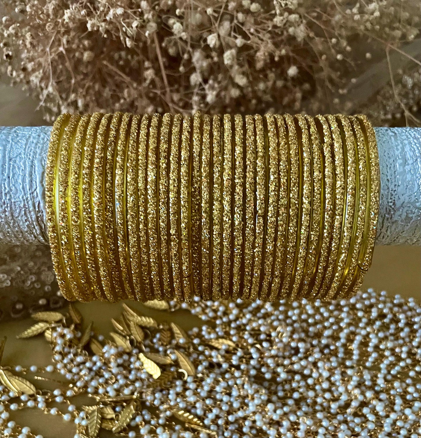 Glass Bangles- Golden Pack of 12 Glitter Gold