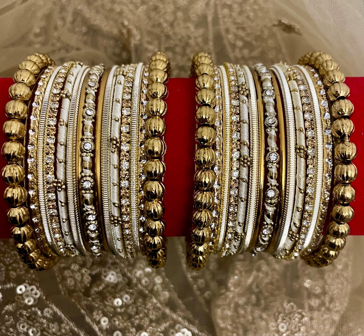 Gold n Ivory Bridal Bangle Set | Indian Wedding Chura Stack | Rhinestone & Beaded Bangles | Bride Jewelry | Festive Statement Wrist Stack