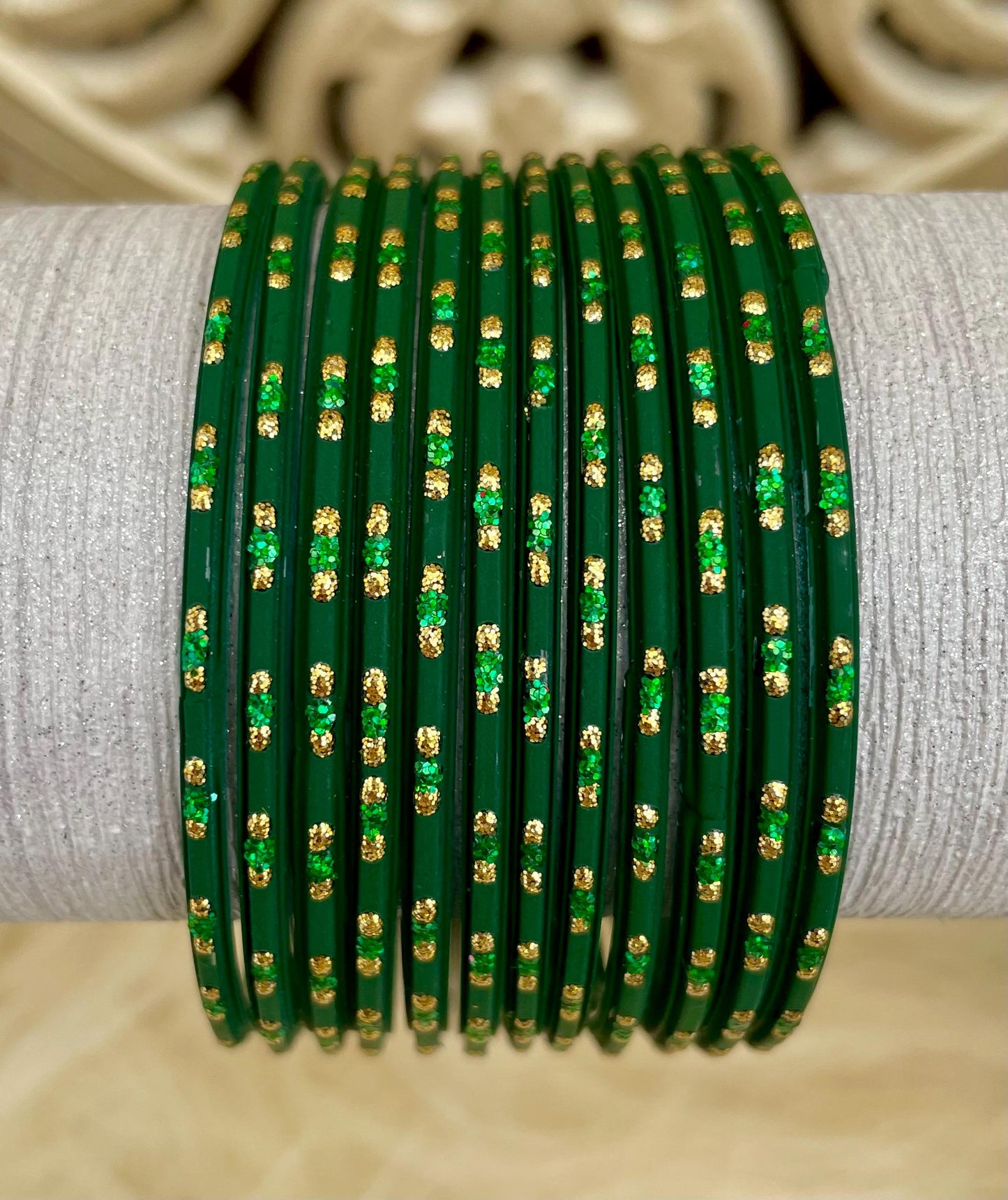 Glass Bangles- Dark Green Colour Pack of 12 Glitter