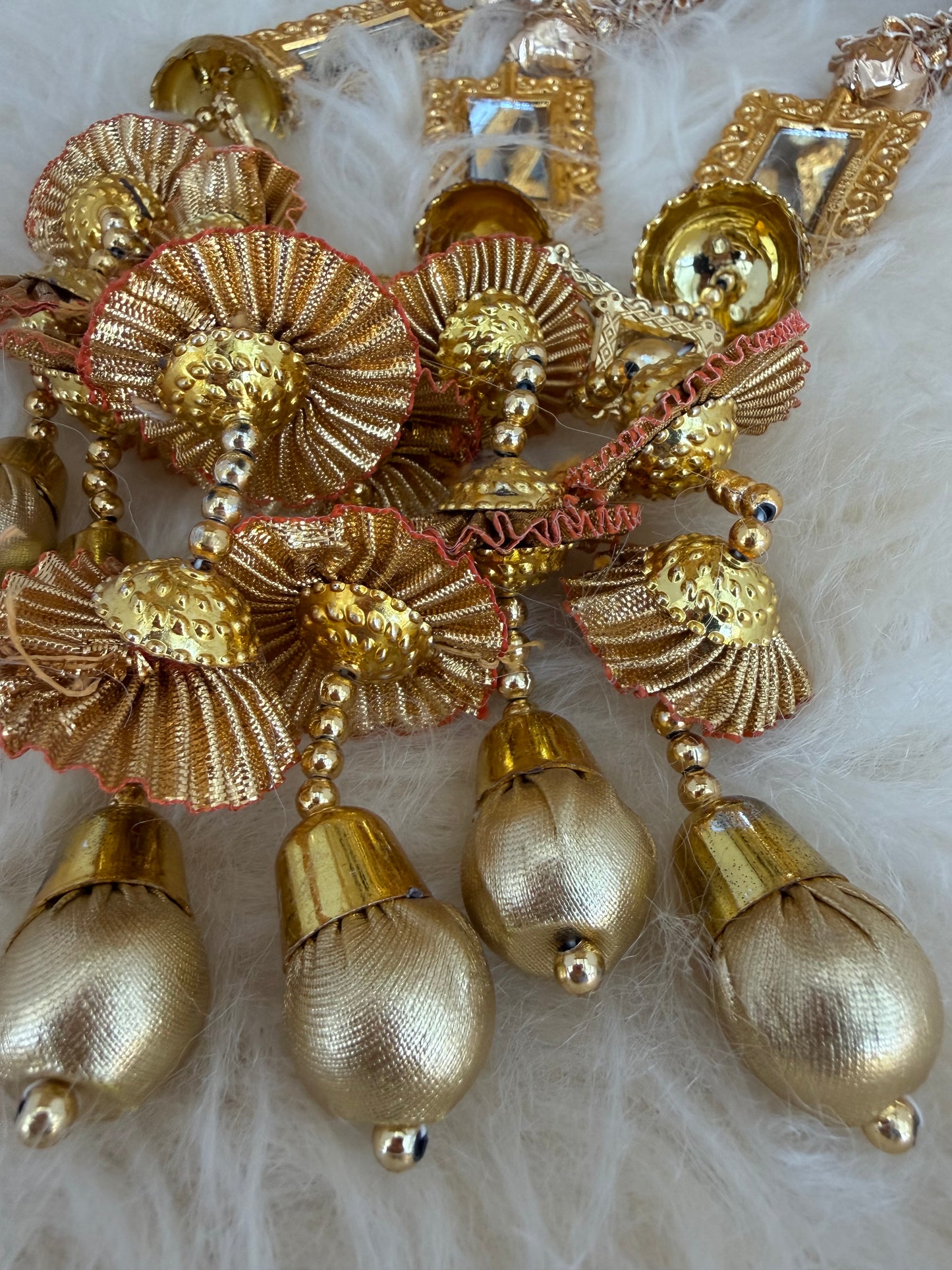Gold Baubles Mirror Paranda Parande Mehendi Sangeet Maiyo Hair Braids Punjabi Weddings Phulkari