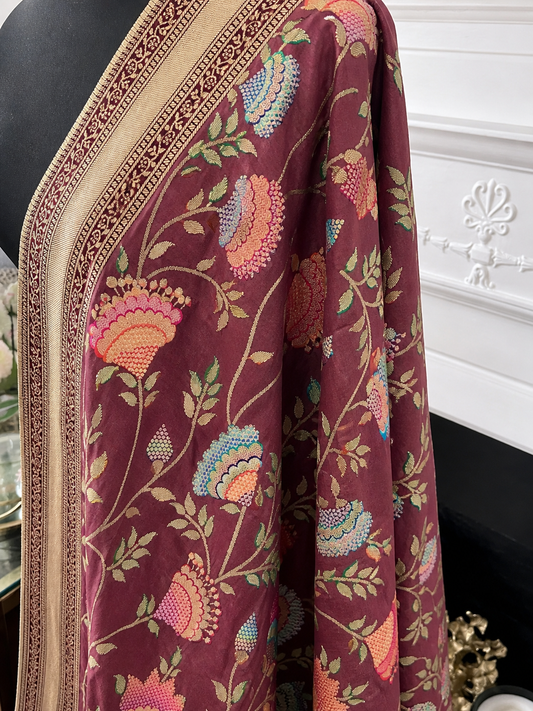 Muted Wine/ Dusted Mehroon Elegant & Suave Benarsi Banarsi Zari Woven Silk Duppattas Scarf Chunni Chunri Odhni