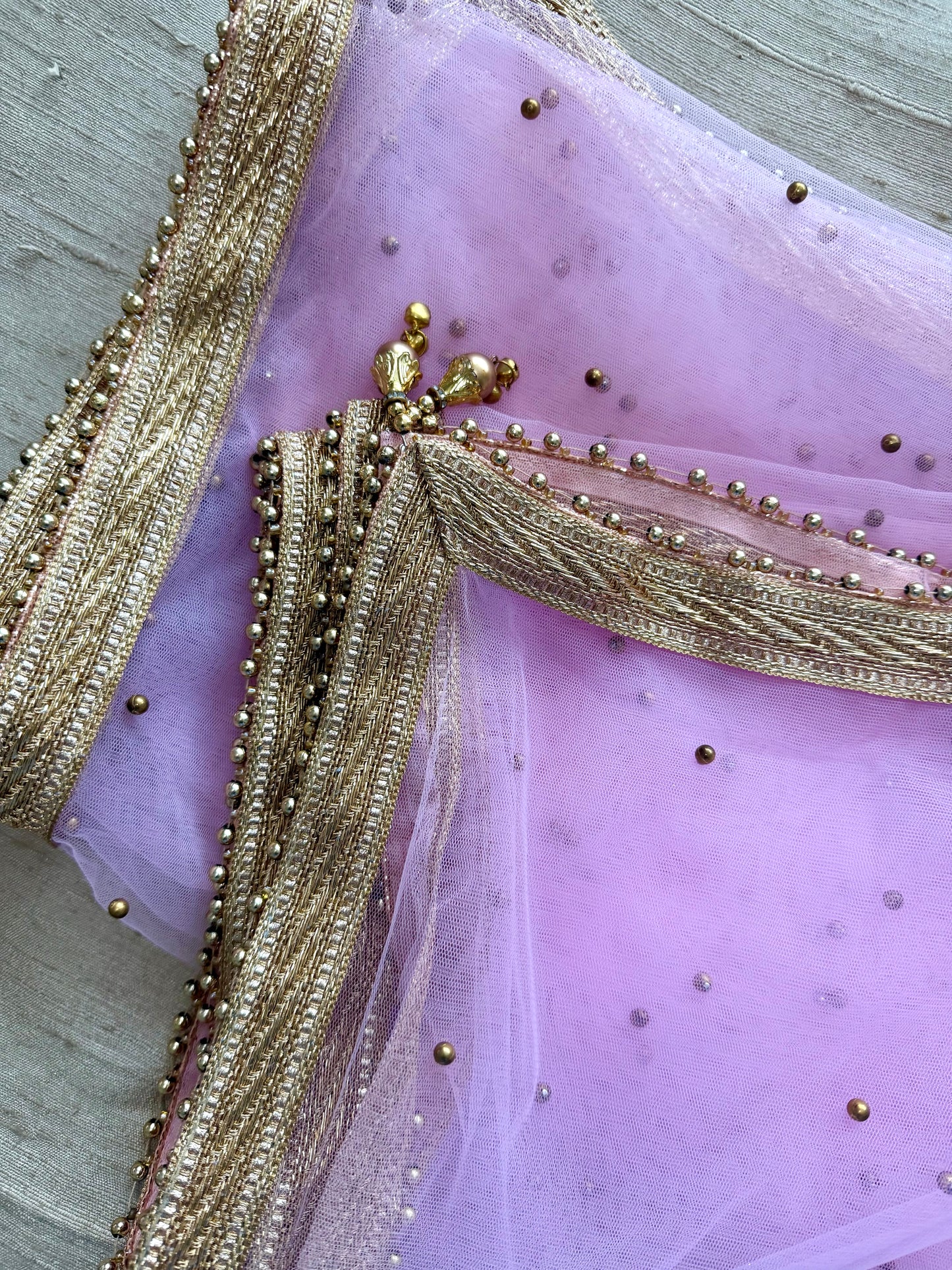 Pink Net Dupatta| Sample Sale| Net| All over beads| Border | Latkan| Clearance might have slight defects**