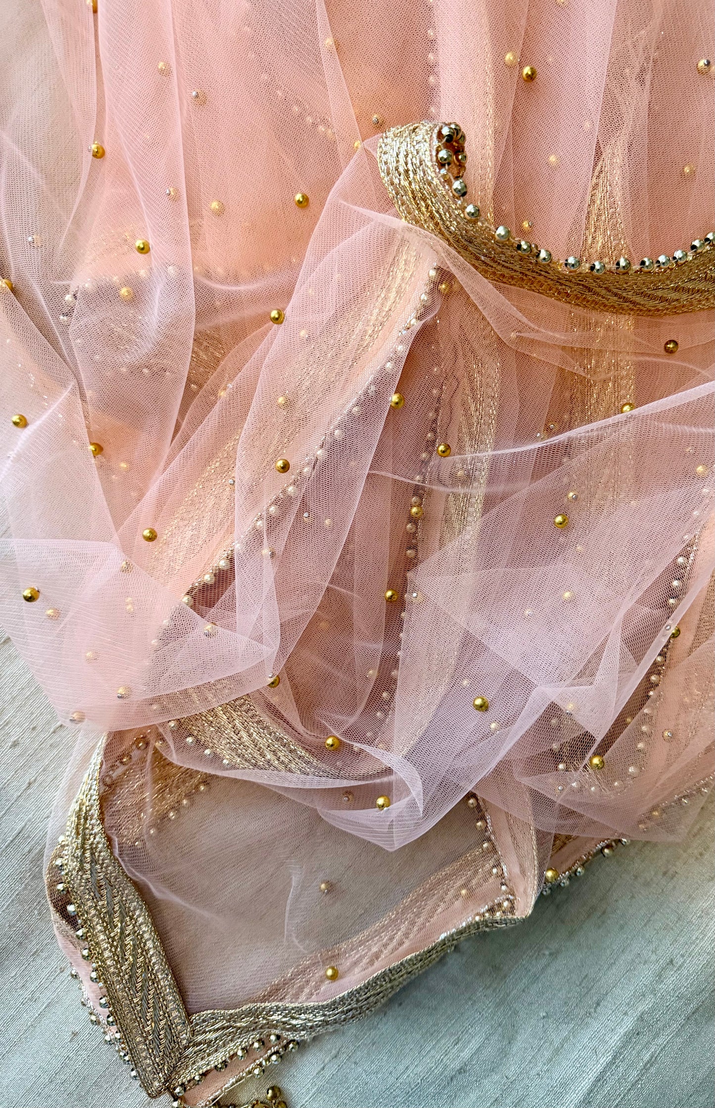 Peach Net Dupatta| Sample Sale| Net| All over beads| Border | Latkan| Clearance might have slight defects*