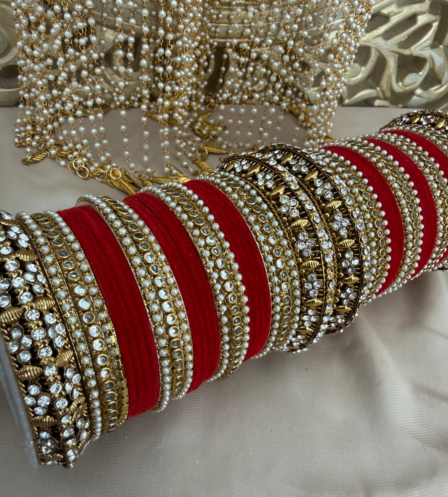 Red Velvet Bridal Bangle Stack: Kundan Indian Jewelry| Pearls| Chooras | Set for both hands| Can be customised in other colours*