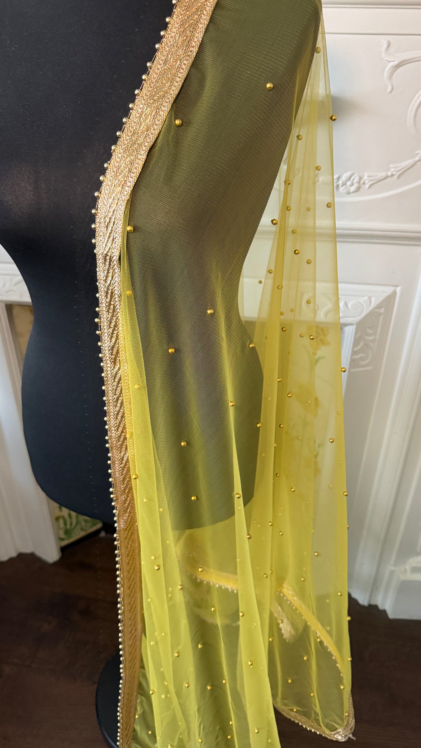 Yellow Net Dupatta| Sample Sale| Net| All over beads| Border | Latkan| Clearance might have slight defects**