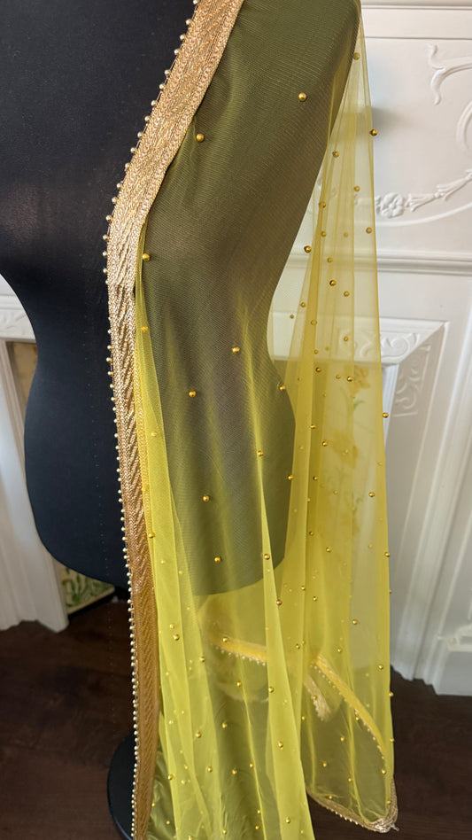 Yellow Net Dupatta| Sample Sale| Net| All over beads| Border | Latkan| Clearance might have slight defects**