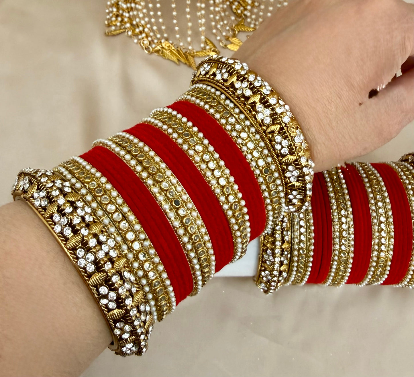 Red Velvet Bridal Bangle Stack: Kundan Indian Jewelry| Pearls| Chooras | Set for both hands| Can be customised in other colours*