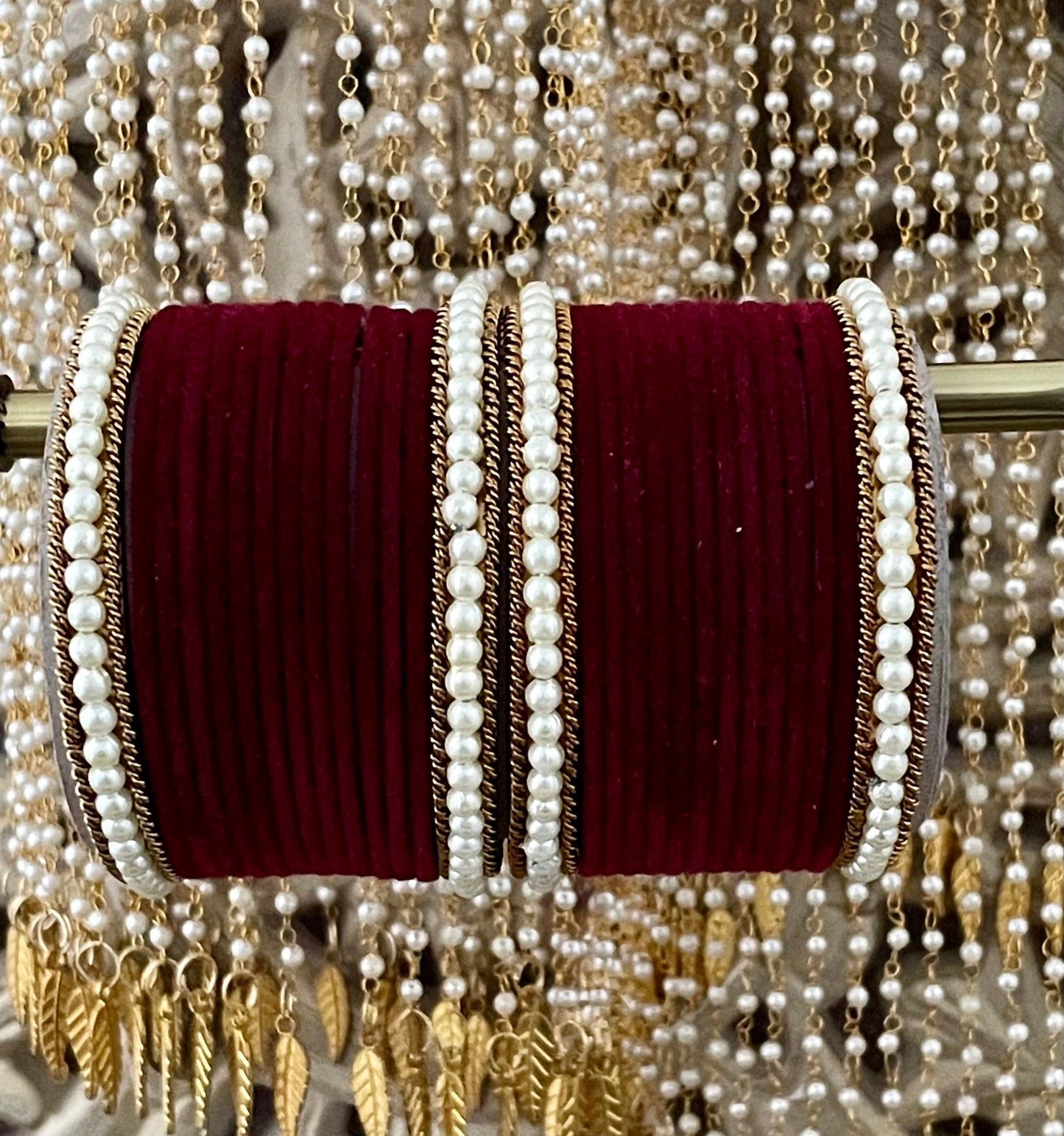 Velvet & Pearl Bangle Stack: Indian Wedding Jewelry (28 Bangles)