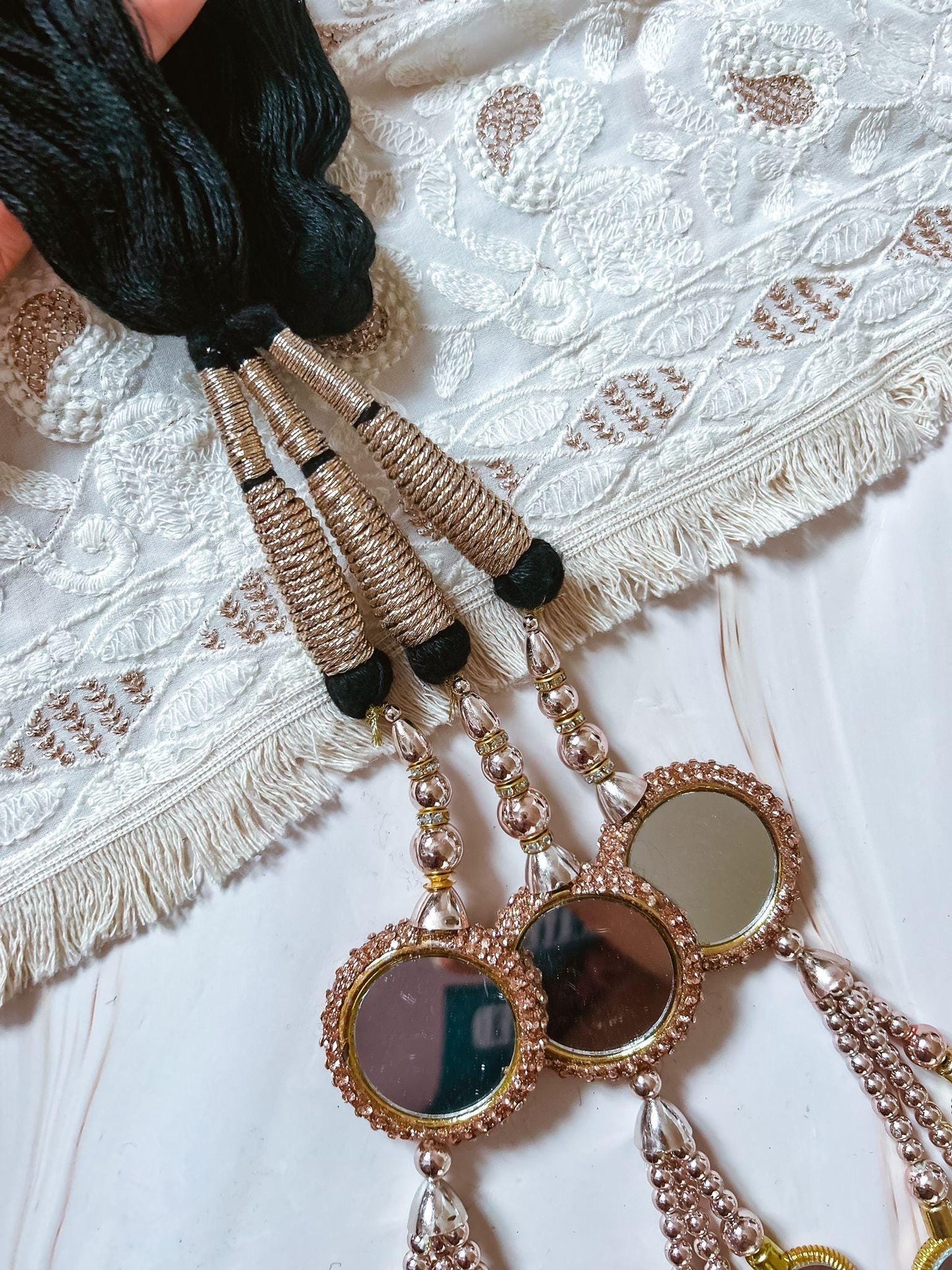 Mirror Paranda: Punjabi Hair Braid Accessory with Copper-Gold Latkans