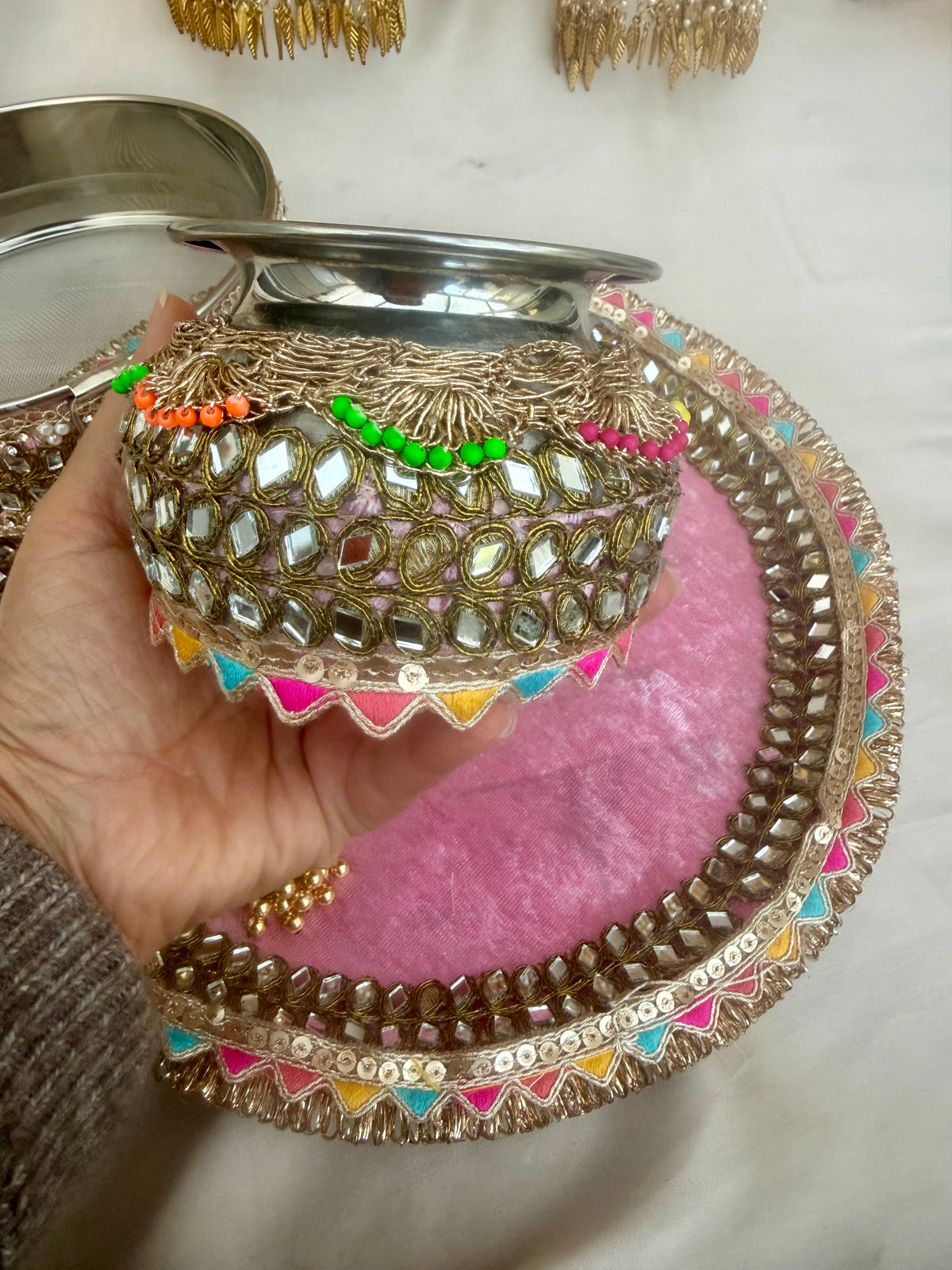 Pink Velvet Karwachauth/Karvachauth/Karwa Chauth/Teej Pooja Tray Thaal Karwa Set| 3 pieces