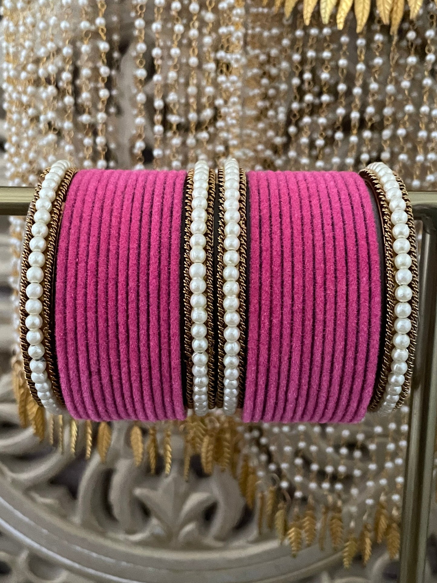 Velvet & Pearl Bangle Stack: Indian Wedding Jewelry (28 Bangles)