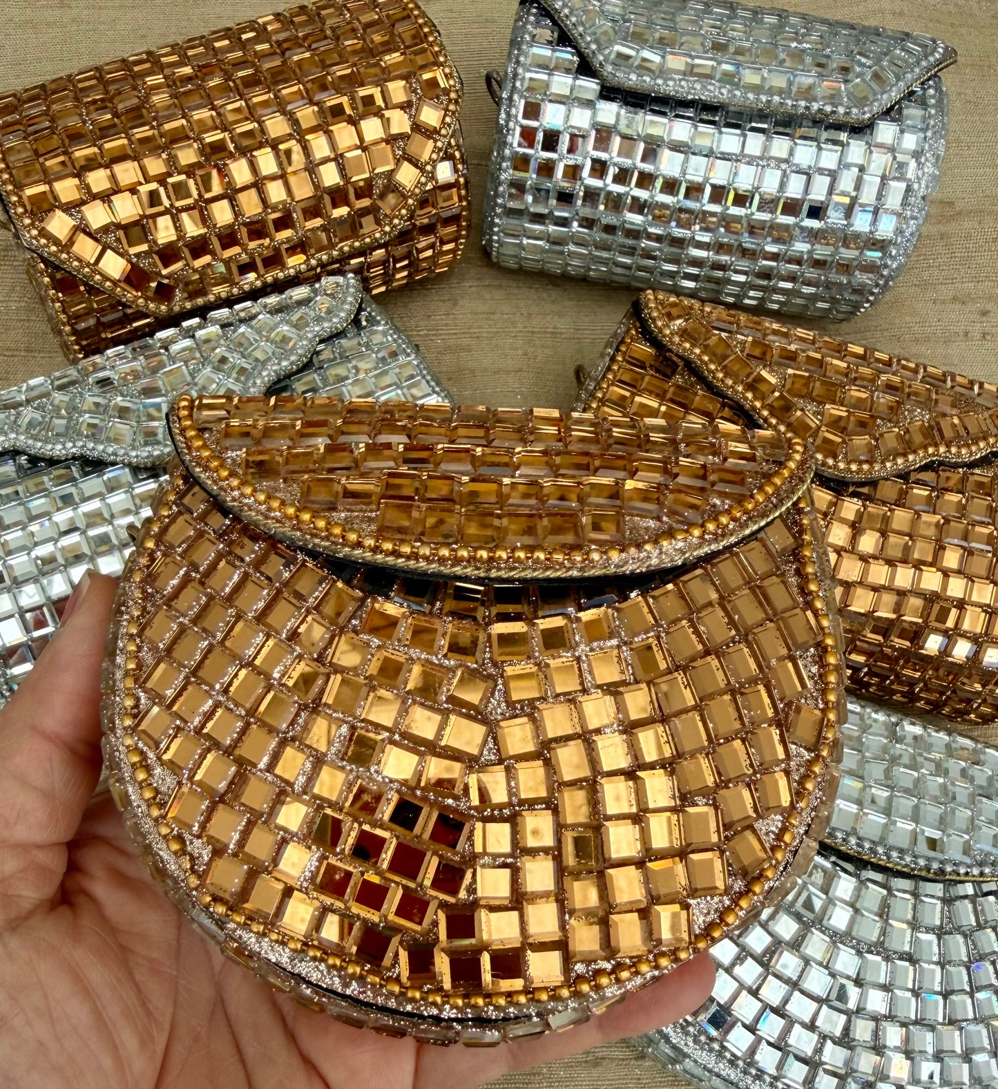 Glistening Mirrors Metal Mini Clutch Evening bags| Minaudière| Choise from Silver or Copper Finishes