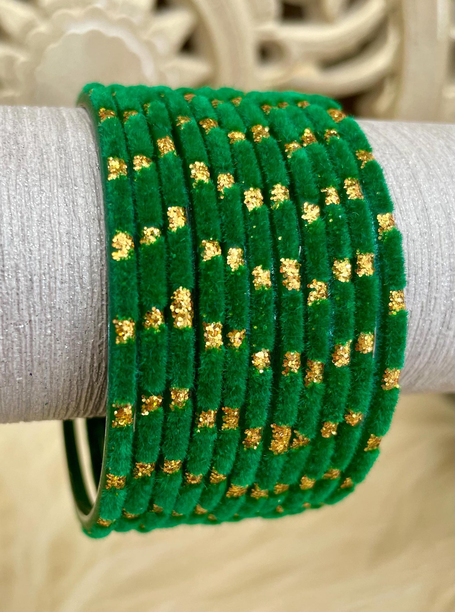 Green Glass Velvet Bangles Set with Gold Dots – Indian Traditional Stack Bracelets for Women, Wedding Jewelry| 10 Bangles