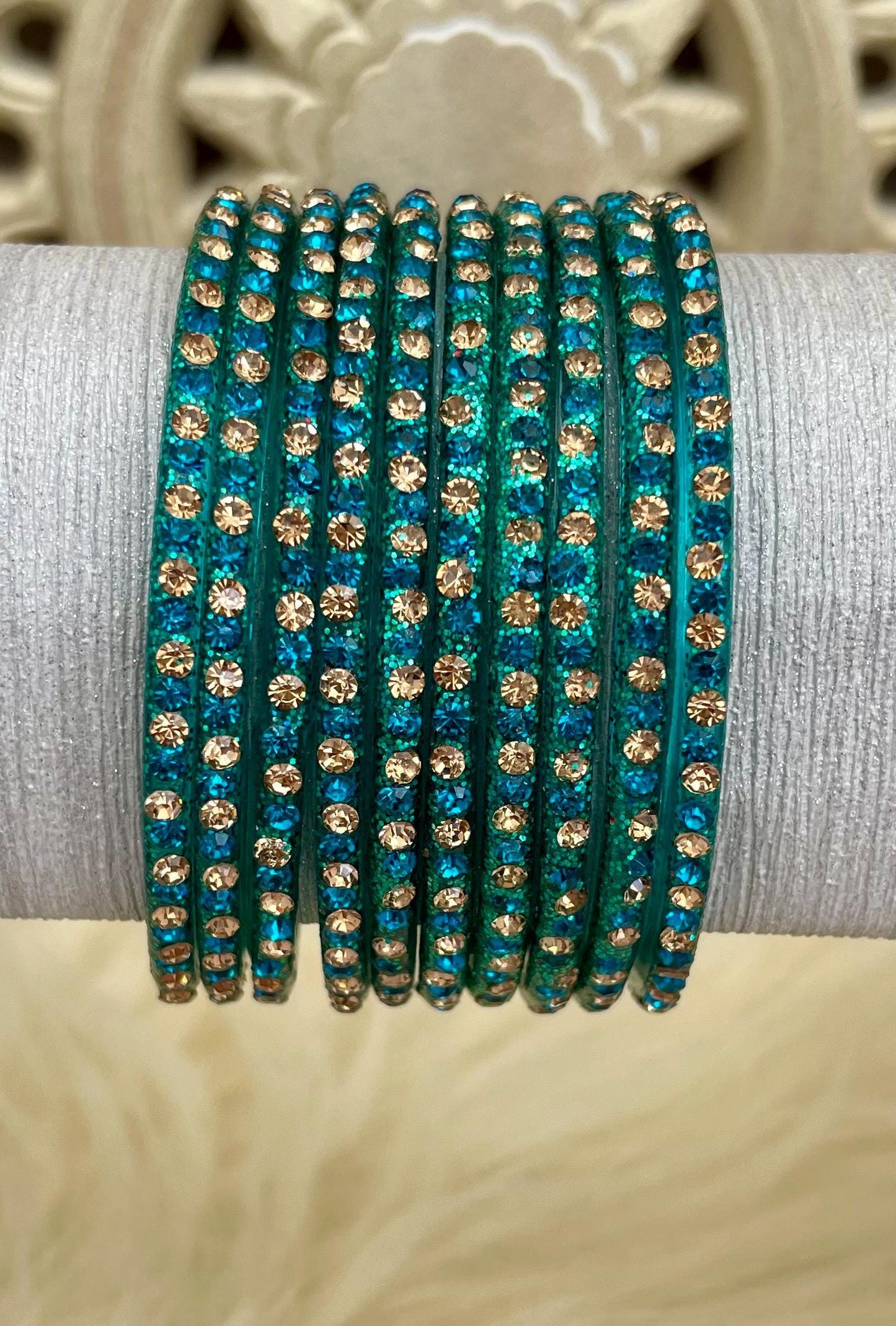 Teal Peacock Green Coloured Glass Bangles with sparkling LCD stones| 10 Bangles
