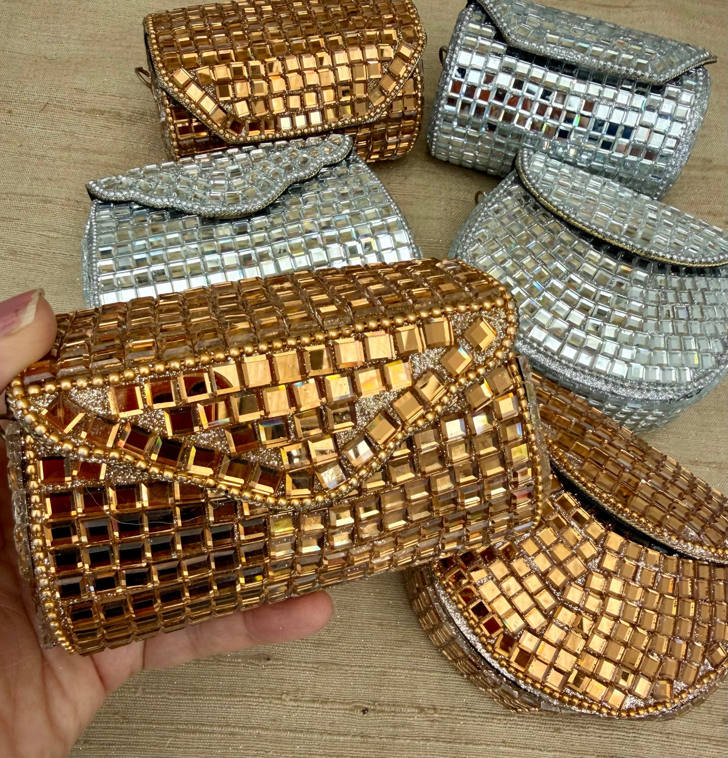Glistening Mirrors Metal Mini Clutch Evening bags| Minaudière| Choise from Silver or Copper Finishes