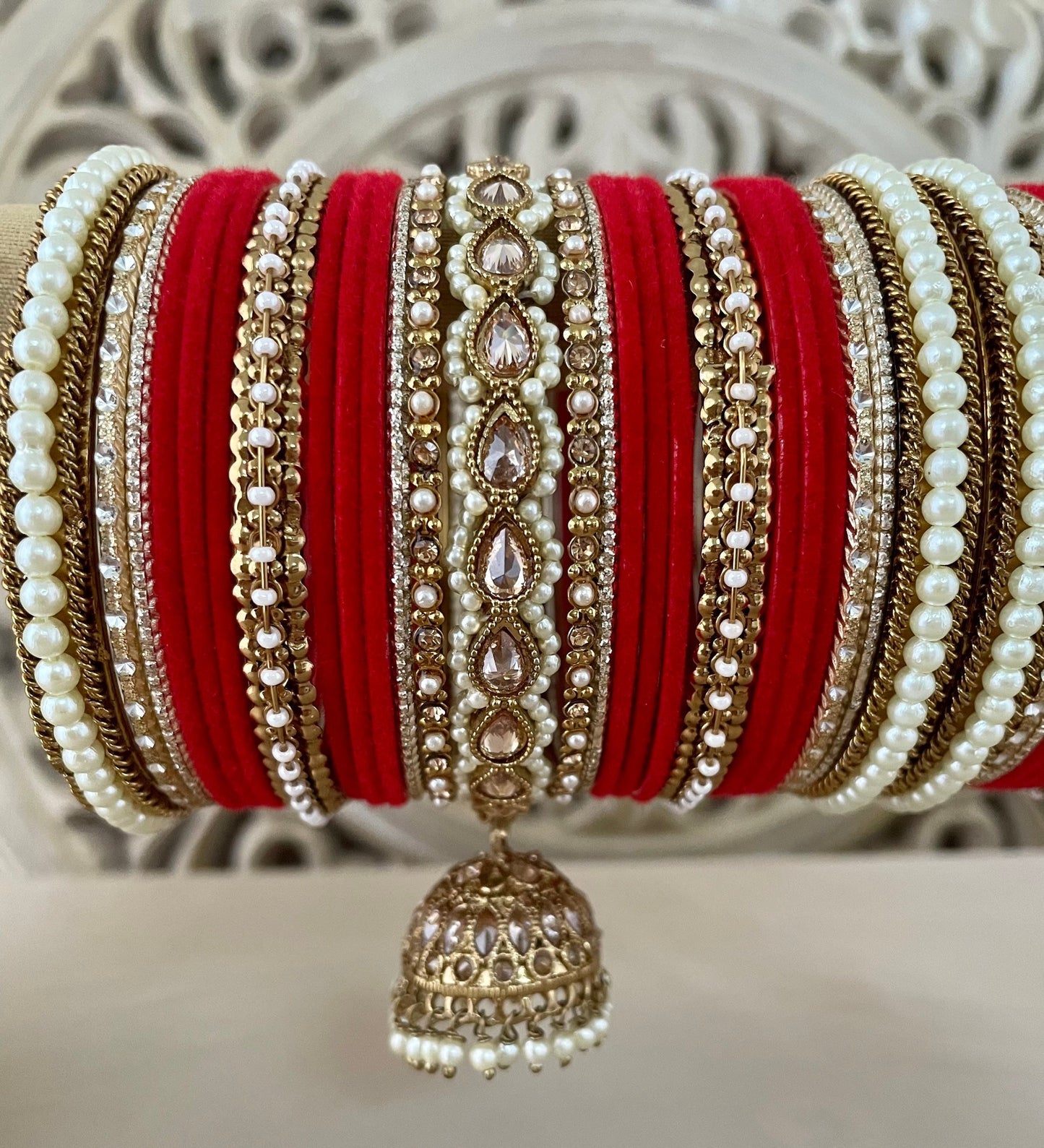 Red Velvet Bangle Stack: Pearl Kundan Jhumki Kangan, Indian Bridal Jewelry (Set of 50)