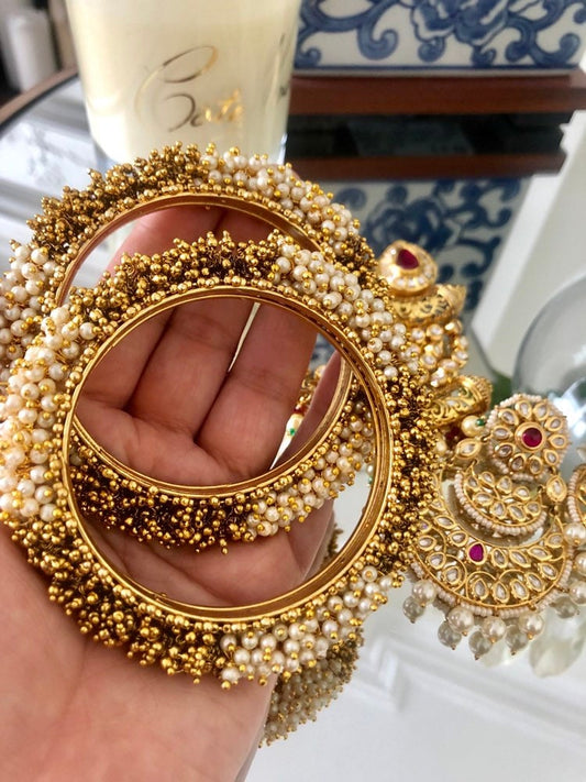 Pair of Gold and Pearl Statement Kangan Karas Indian Bangles Handwoven Gajra Bangles
