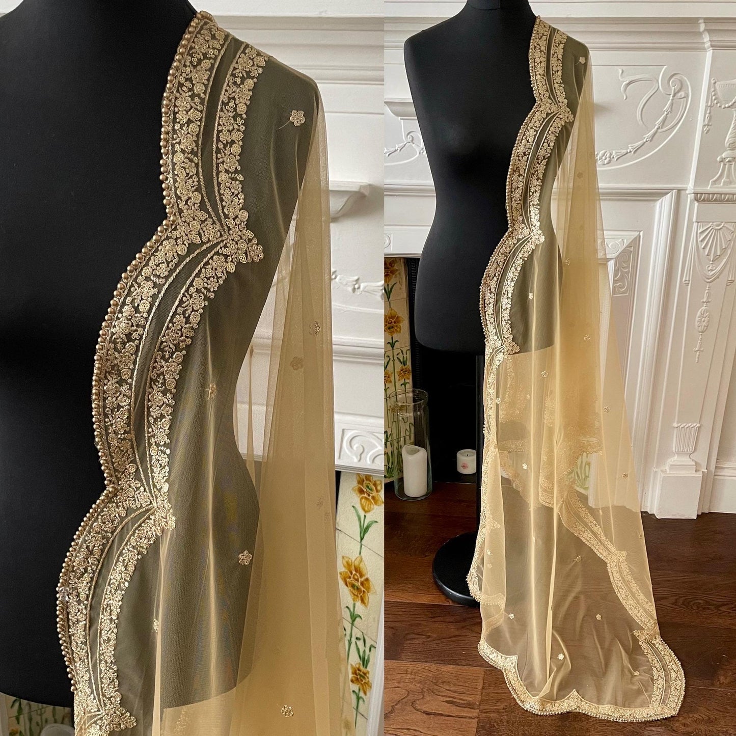 Gold Net Dupatta: Scalloped Sequin Border, Beaded Edges