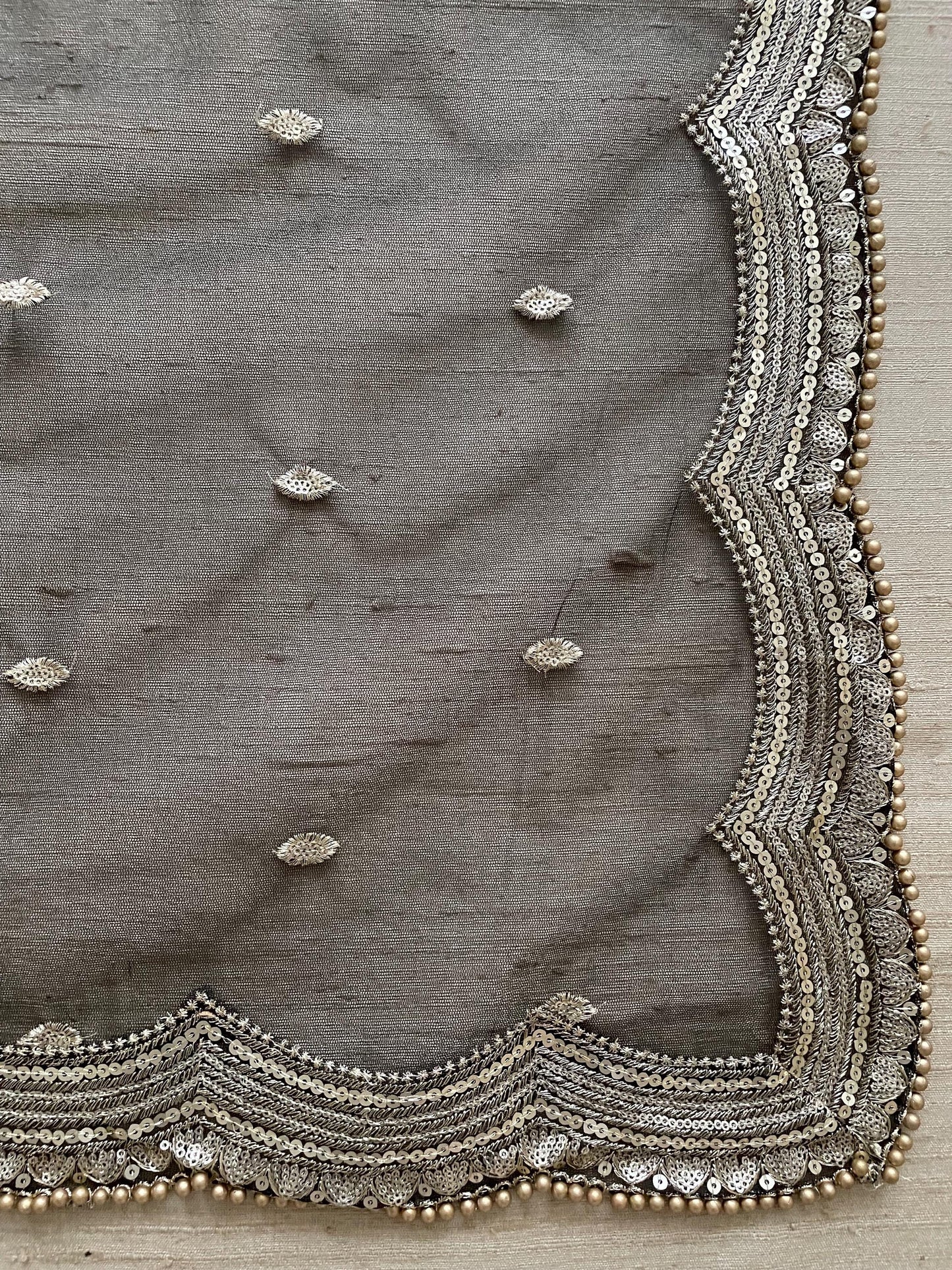 Black Net Dupatta: Scalloped Sequin Border, Golden Beads