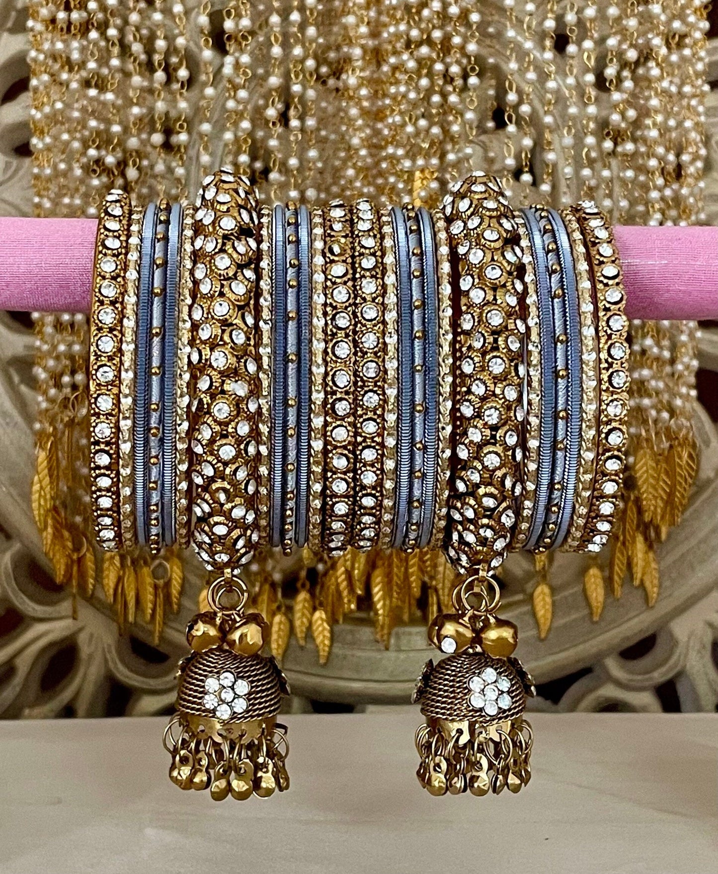 Indian Jhumki Latkan Metal& Thread Bangles Set Bollywood Costume Jewelry Diamante Rhinestones